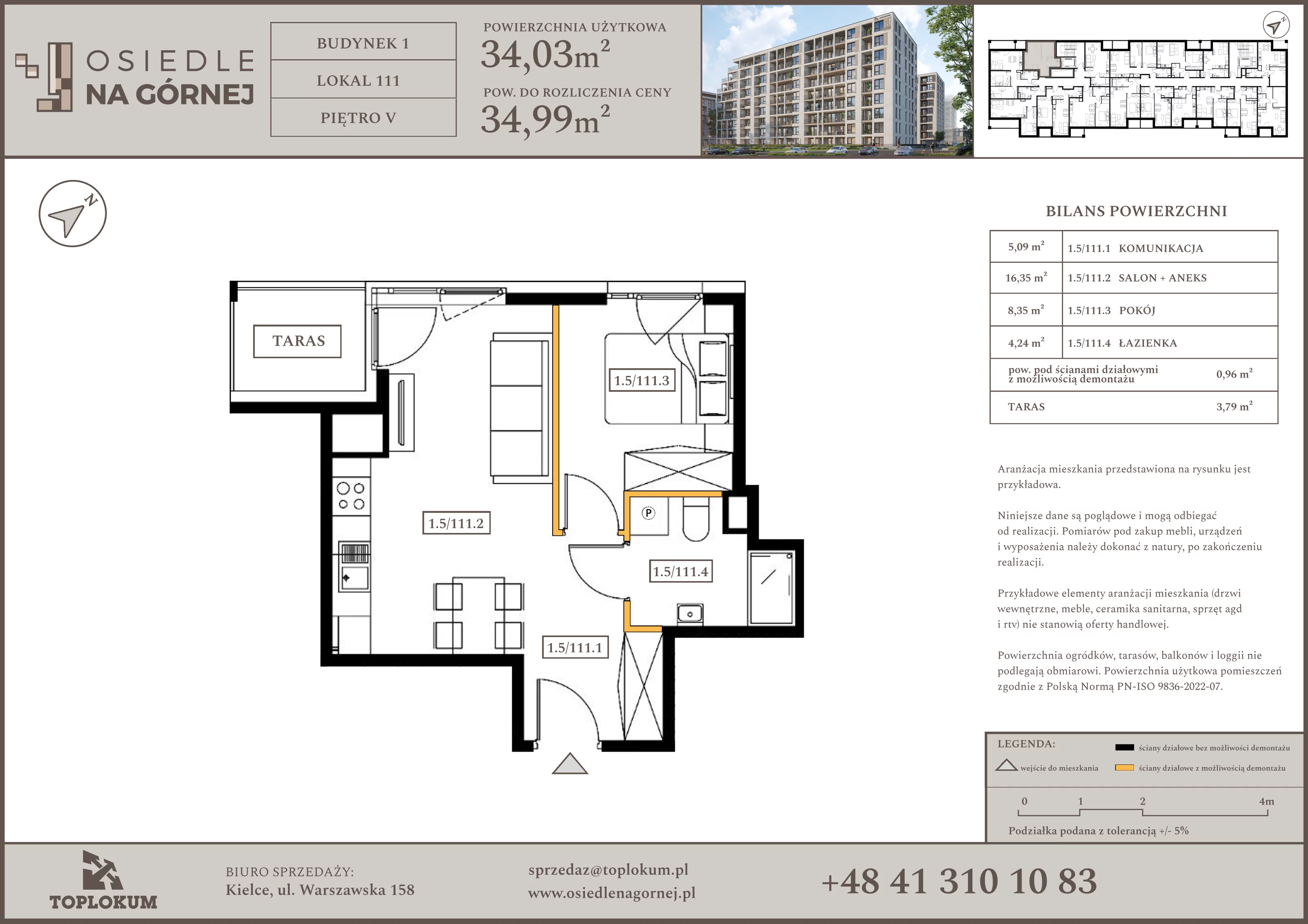 2 pokoje, mieszkanie 34,03 m², piętro 5, oferta nr 111, Osiedle na Górnej etap V, Kielce, Nowy Folwark, ul. Zbożowa