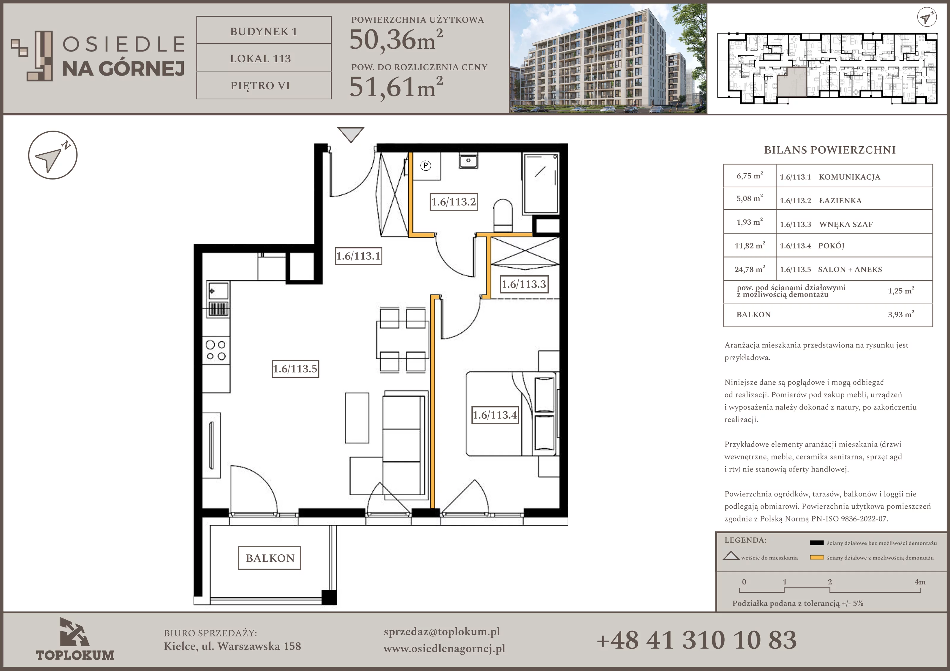 2 pokoje, mieszkanie 50,36 m², piętro 6, oferta nr 113, Osiedle na Górnej etap V, Kielce, Nowy Folwark, ul. Zbożowa