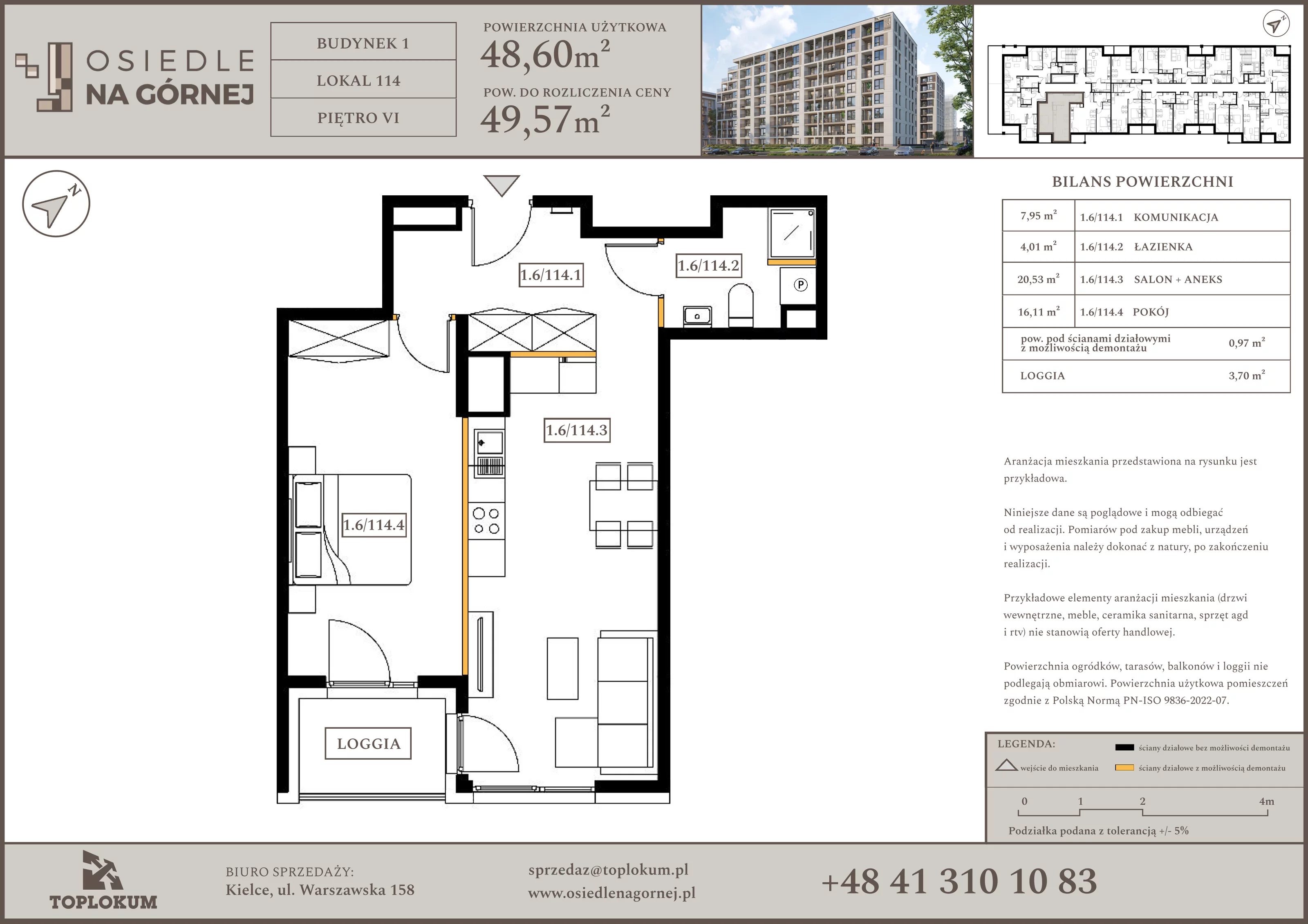 2 pokoje, mieszkanie 48,60 m², piętro 6, oferta nr 114, Osiedle na Górnej etap V, Kielce, Nowy Folwark, ul. Zbożowa