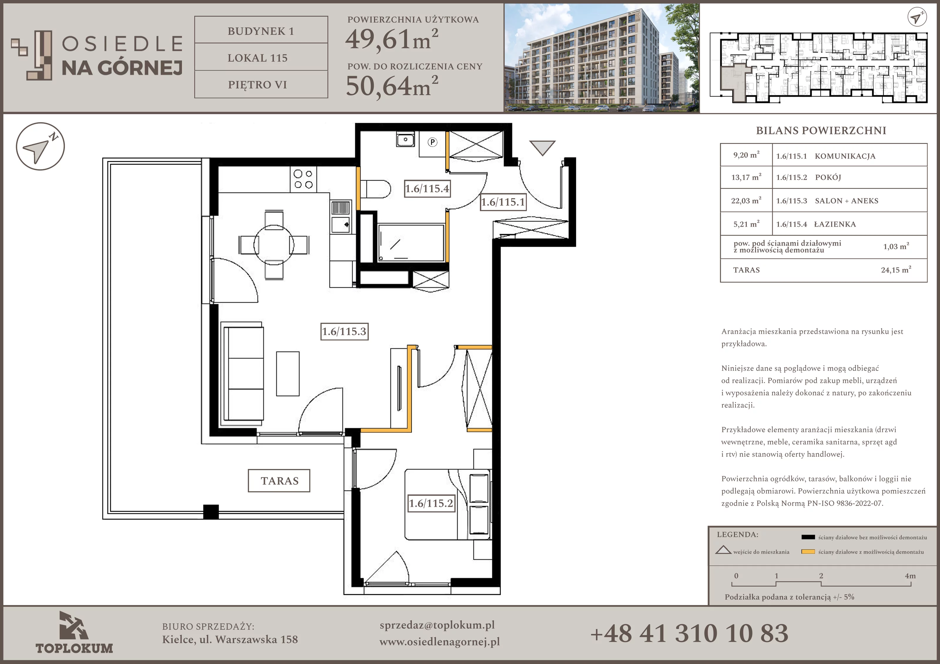 2 pokoje, mieszkanie 49,61 m², piętro 6, oferta nr 115, Osiedle na Górnej etap V, Kielce, Nowy Folwark, ul. Zbożowa