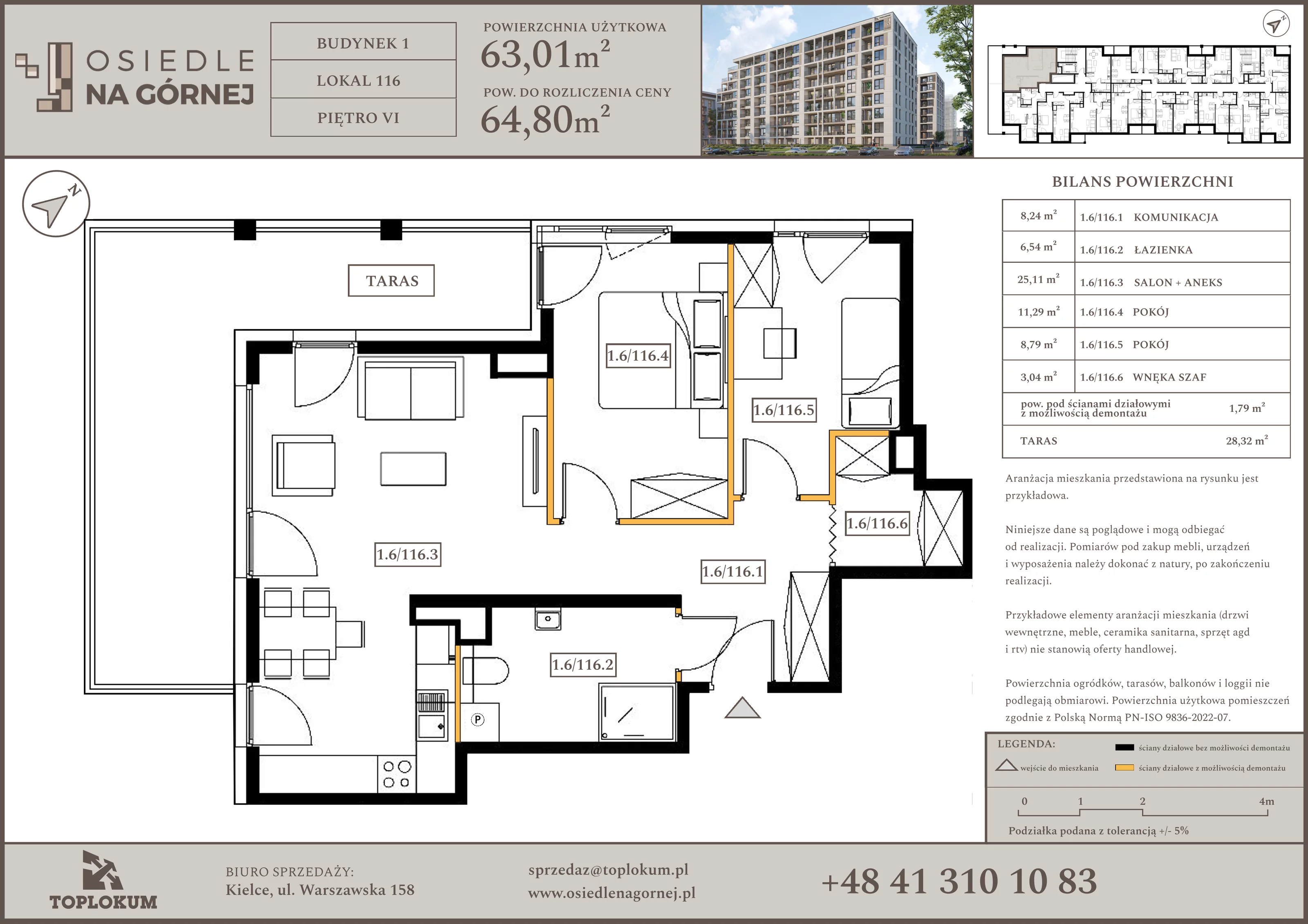 3 pokoje, mieszkanie 63,01 m², piętro 6, oferta nr 116, Osiedle na Górnej etap V, Kielce, Nowy Folwark, ul. Zbożowa