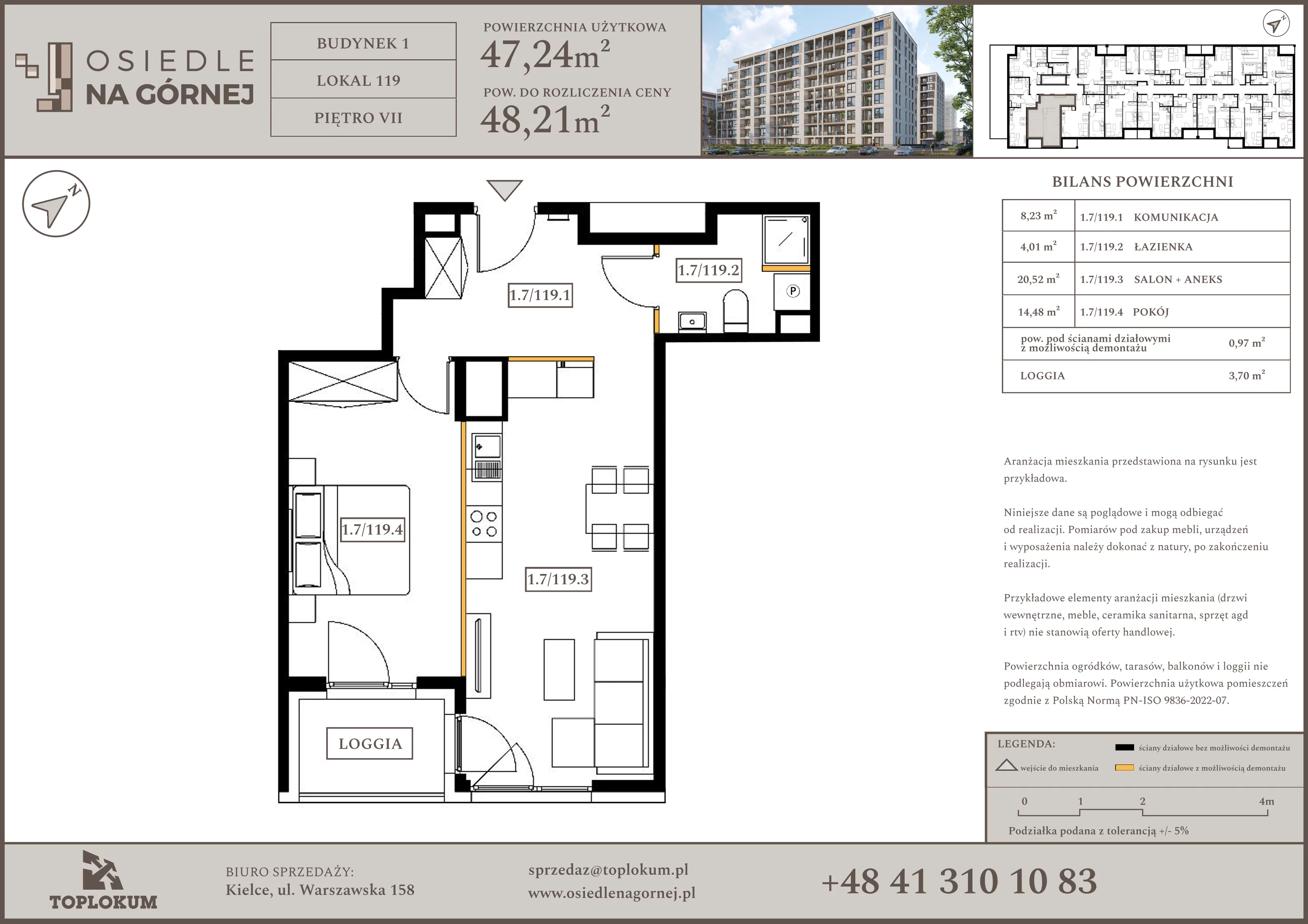 2 pokoje, mieszkanie 47,24 m², piętro 7, oferta nr 119, Osiedle na Górnej etap V, Kielce, Nowy Folwark, ul. Zbożowa