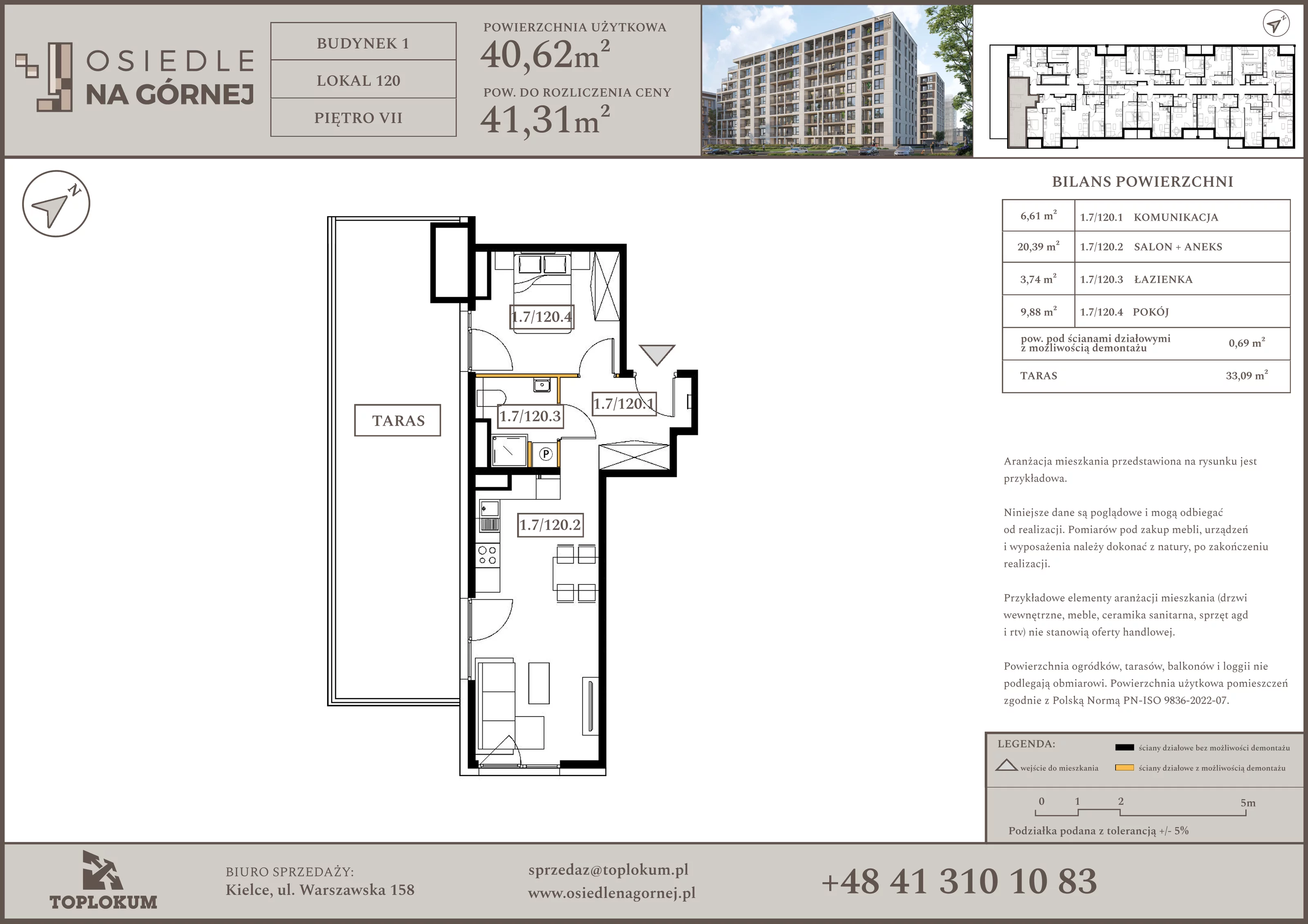 2 pokoje, mieszkanie 40,62 m², piętro 7, oferta nr 120, Osiedle na Górnej etap V, Kielce, Nowy Folwark, ul. Zbożowa
