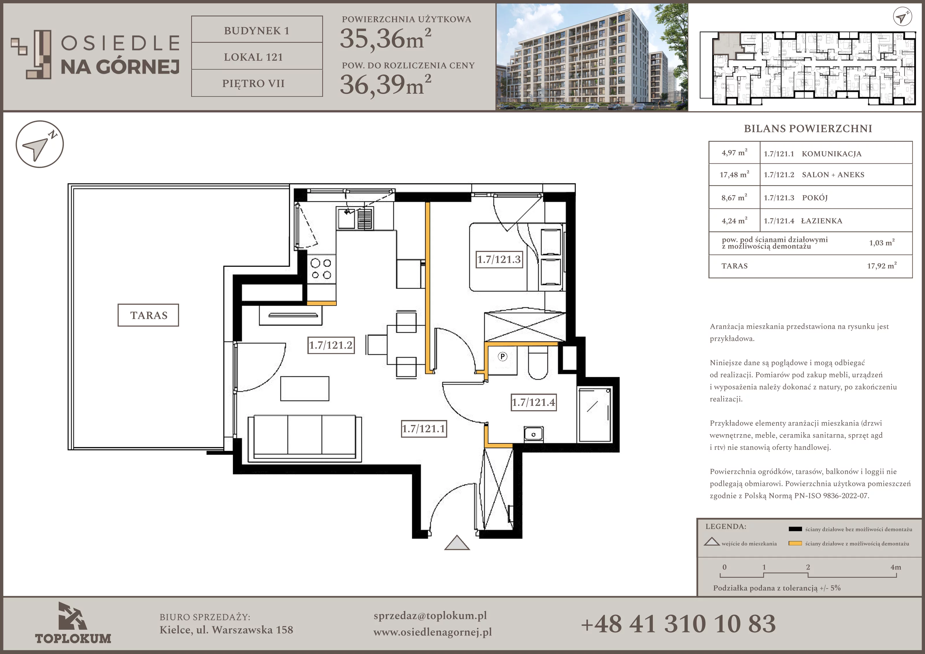 2 pokoje, mieszkanie 35,36 m², piętro 7, oferta nr 121, Osiedle na Górnej etap V, Kielce, Nowy Folwark, ul. Zbożowa