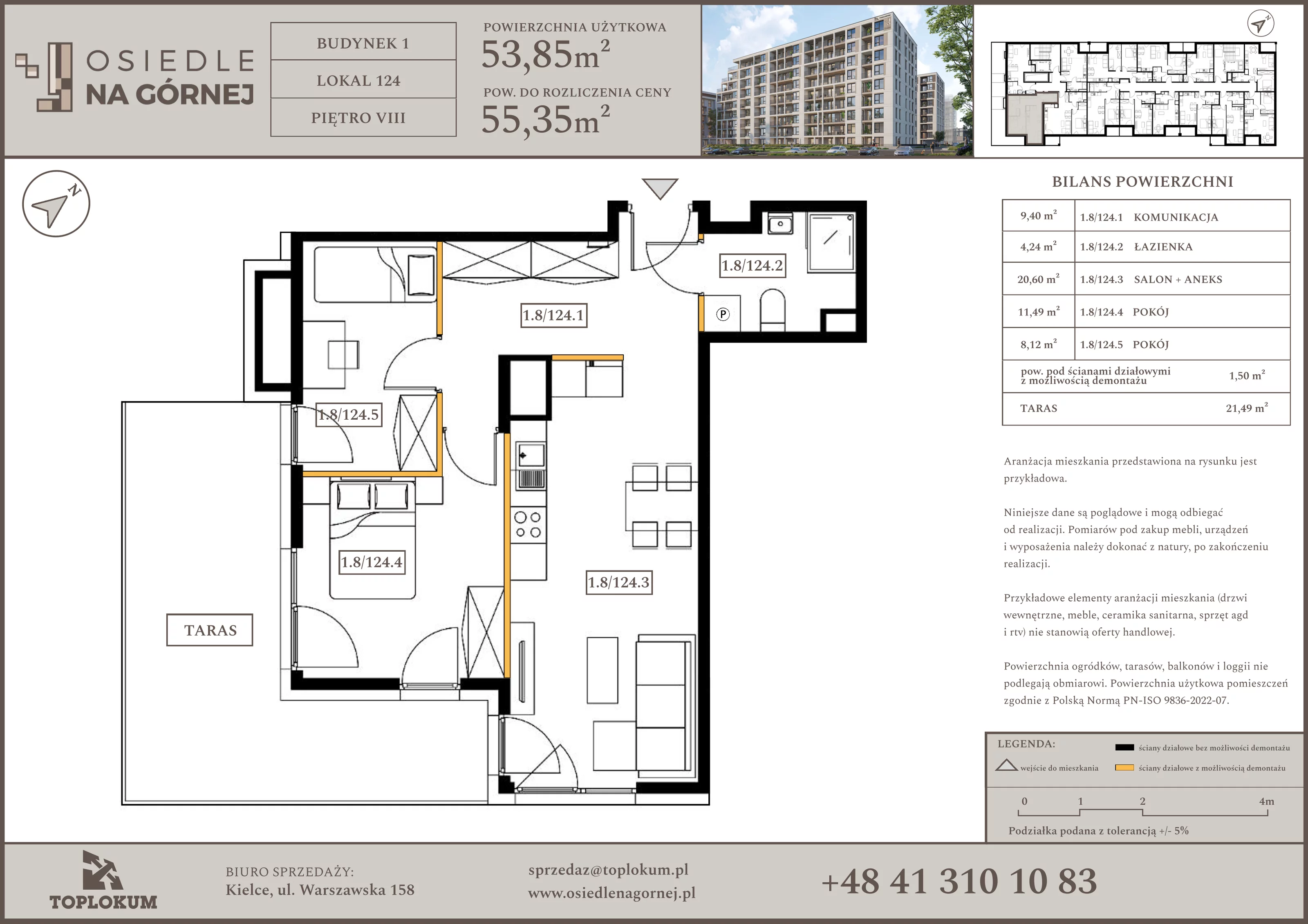 3 pokoje, mieszkanie 53,85 m², piętro 8, oferta nr 124, Osiedle na Górnej etap V, Kielce, Nowy Folwark, ul. Zbożowa