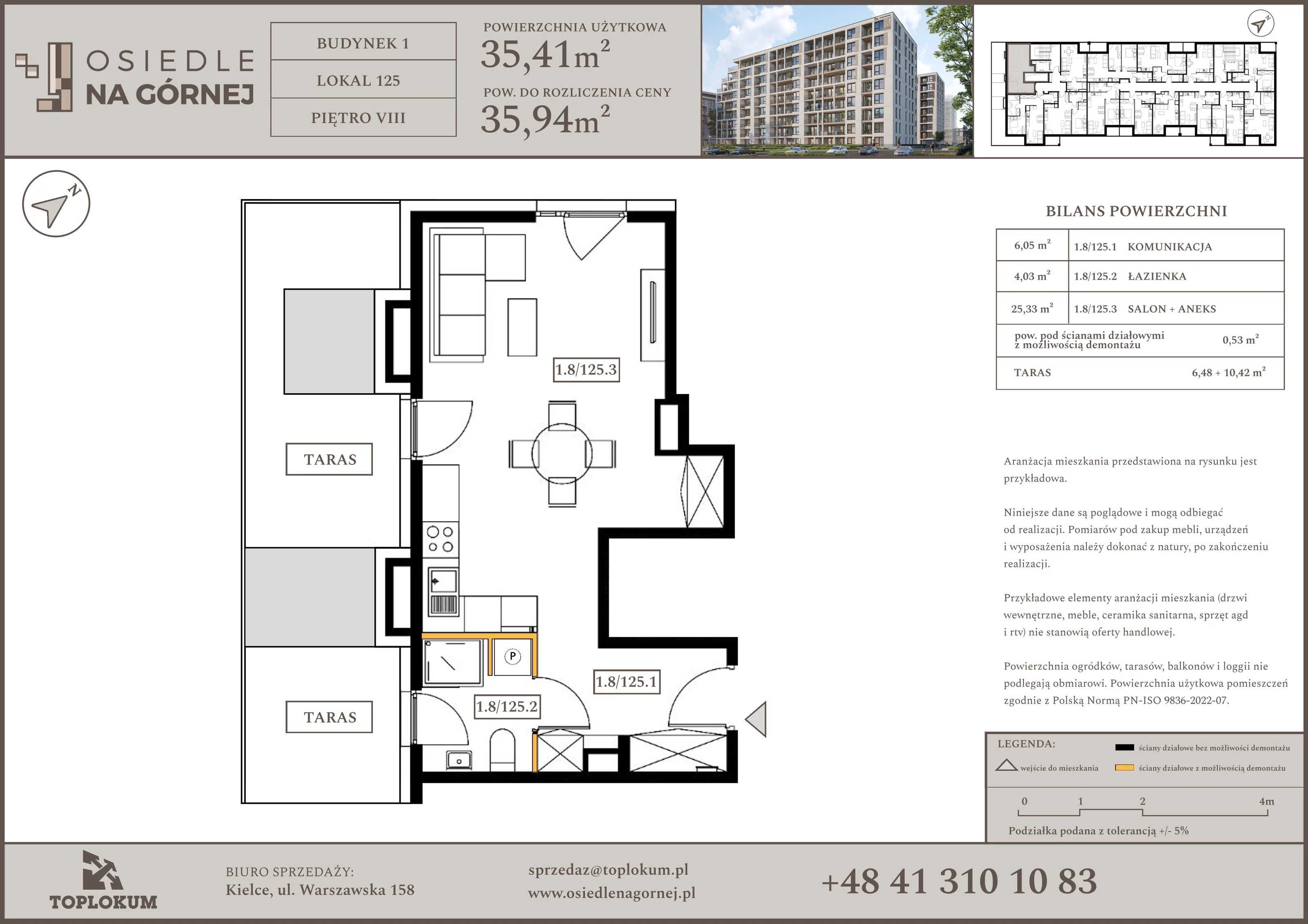 1 pokój, mieszkanie 35,41 m², piętro 8, oferta nr 125, Osiedle na Górnej etap V, Kielce, Nowy Folwark, ul. Zbożowa