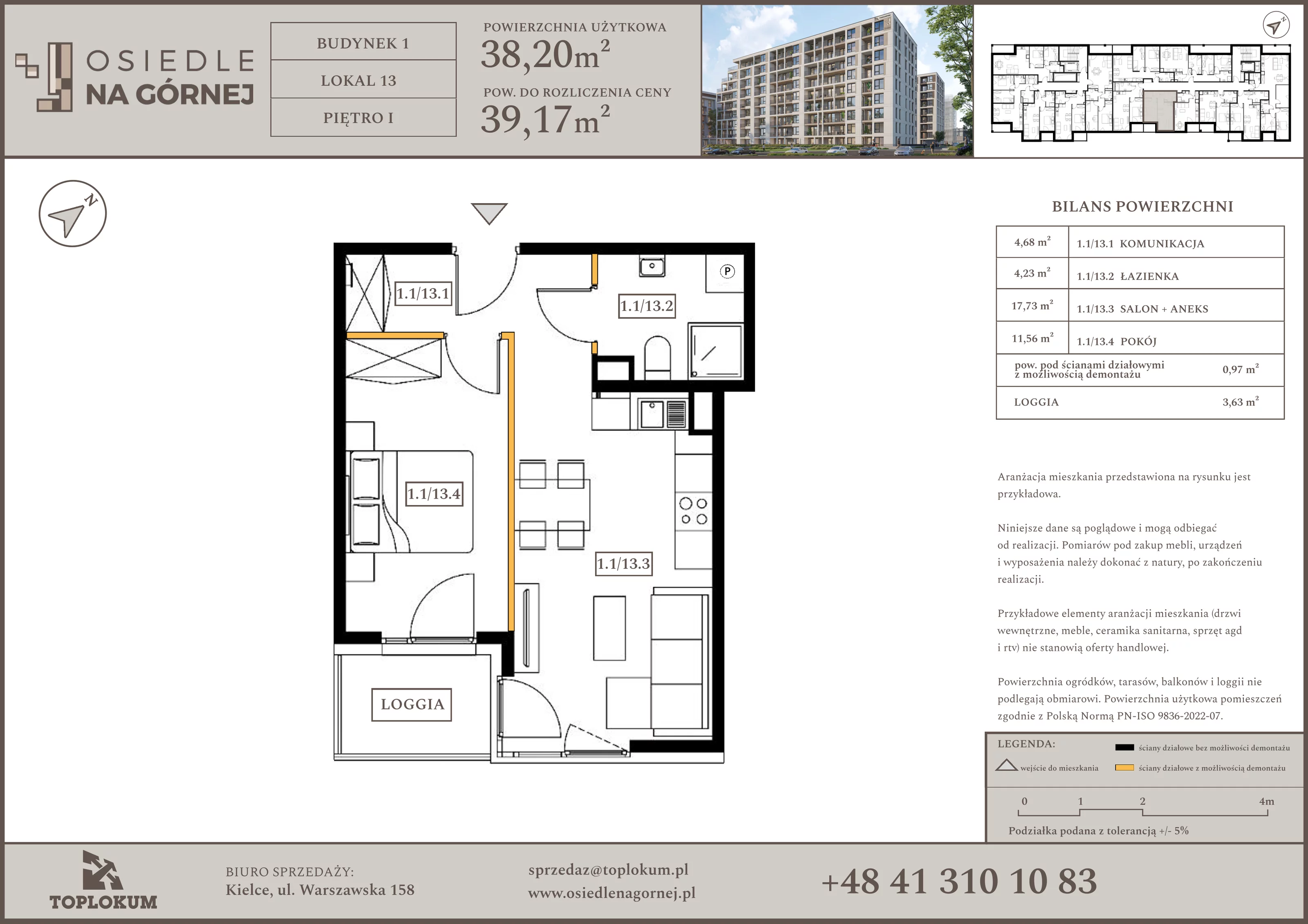 2 pokoje, mieszkanie 38,20 m², piętro 1, oferta nr 13, Osiedle na Górnej etap V, Kielce, Nowy Folwark, ul. Zbożowa