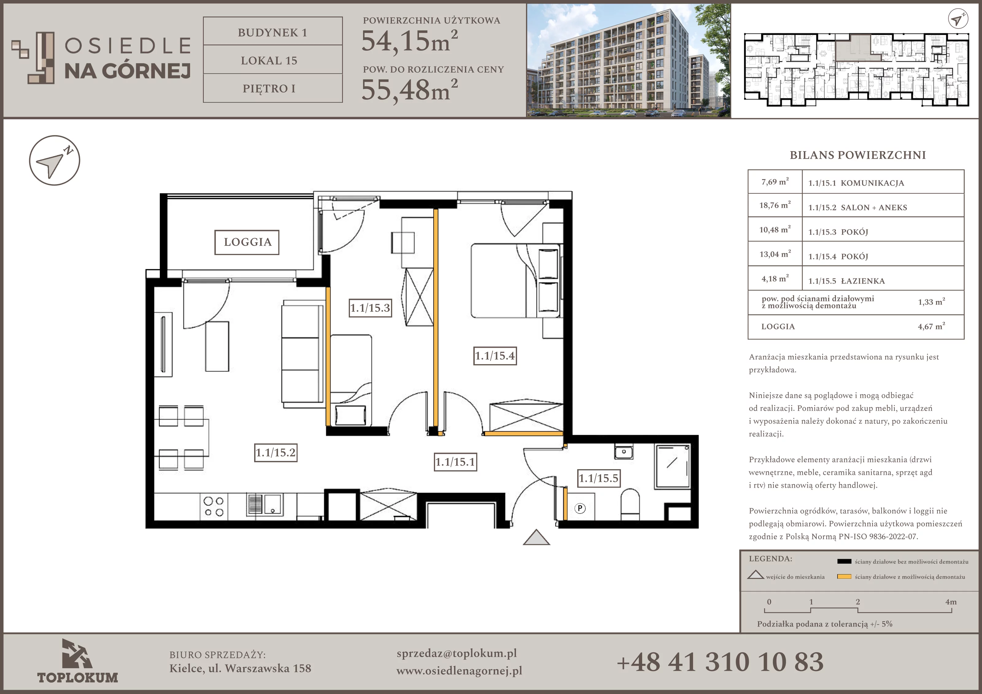 3 pokoje, mieszkanie 54,15 m², piętro 1, oferta nr 15, Osiedle na Górnej etap V, Kielce, Nowy Folwark, ul. Zbożowa