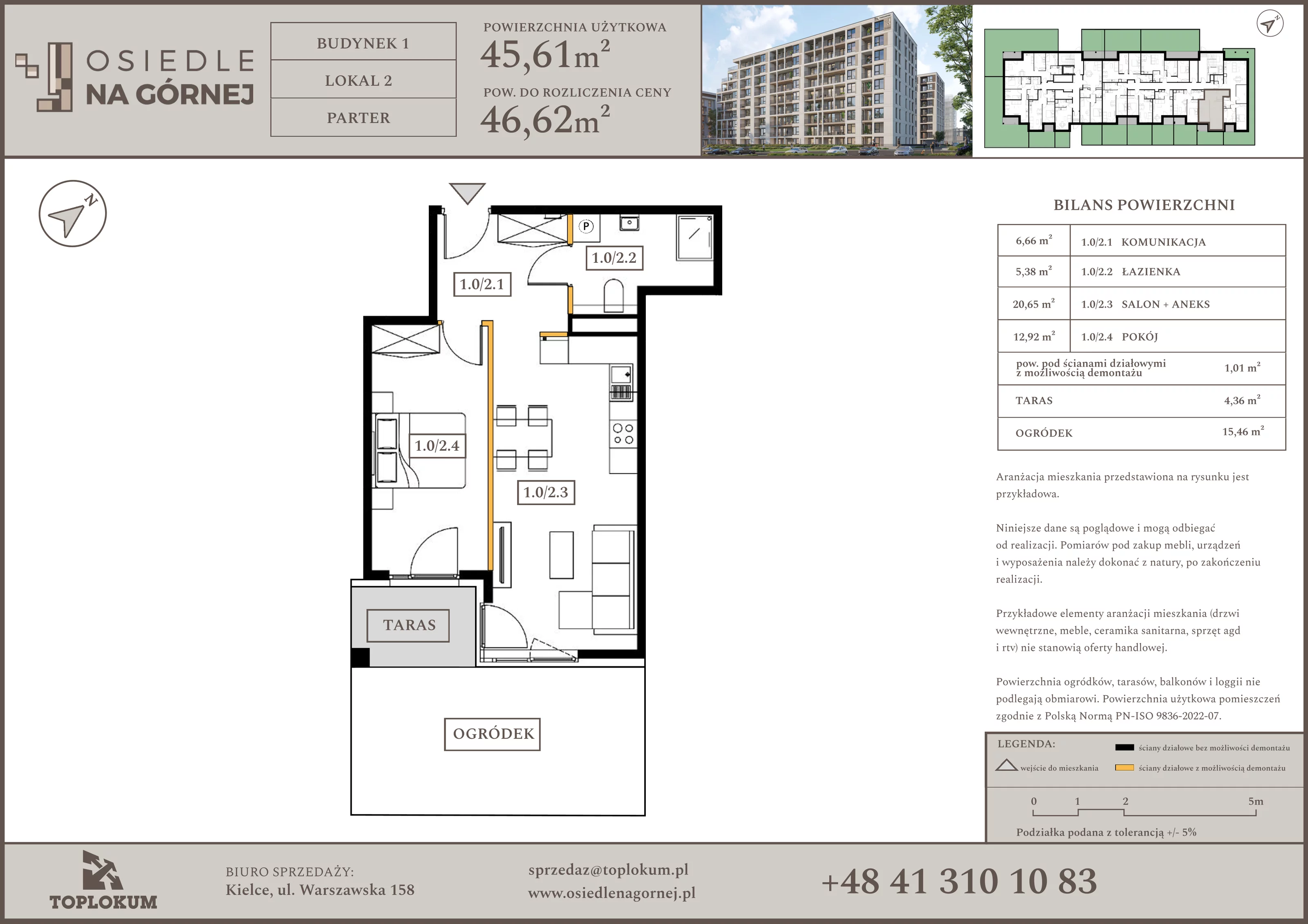 2 pokoje, mieszkanie 45,61 m², parter, oferta nr 2, Osiedle na Górnej etap V, Kielce, Nowy Folwark, ul. Zbożowa