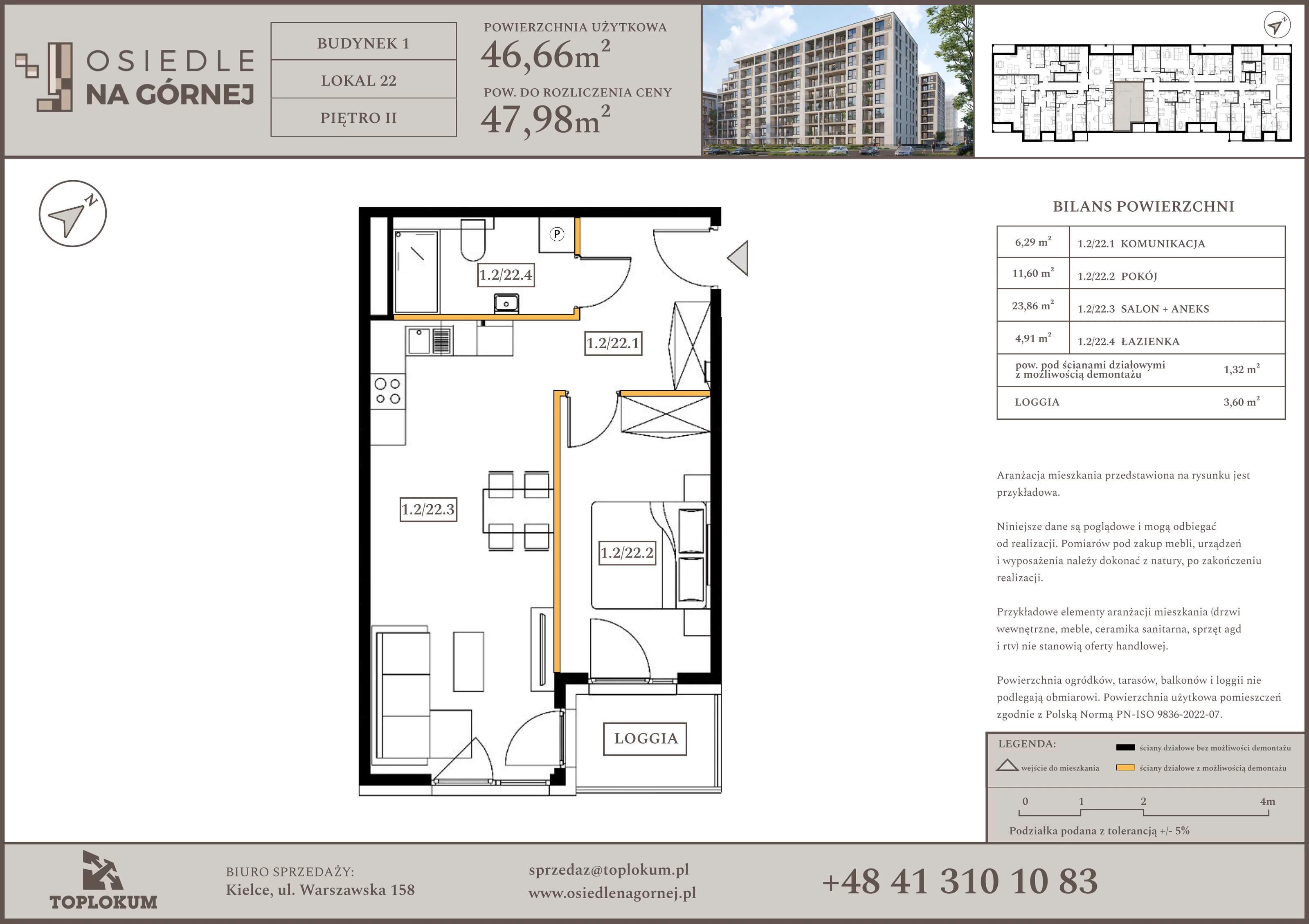 2 pokoje, mieszkanie 46,66 m², piętro 2, oferta nr 22, Osiedle na Górnej etap V, Kielce, Nowy Folwark, ul. Zbożowa