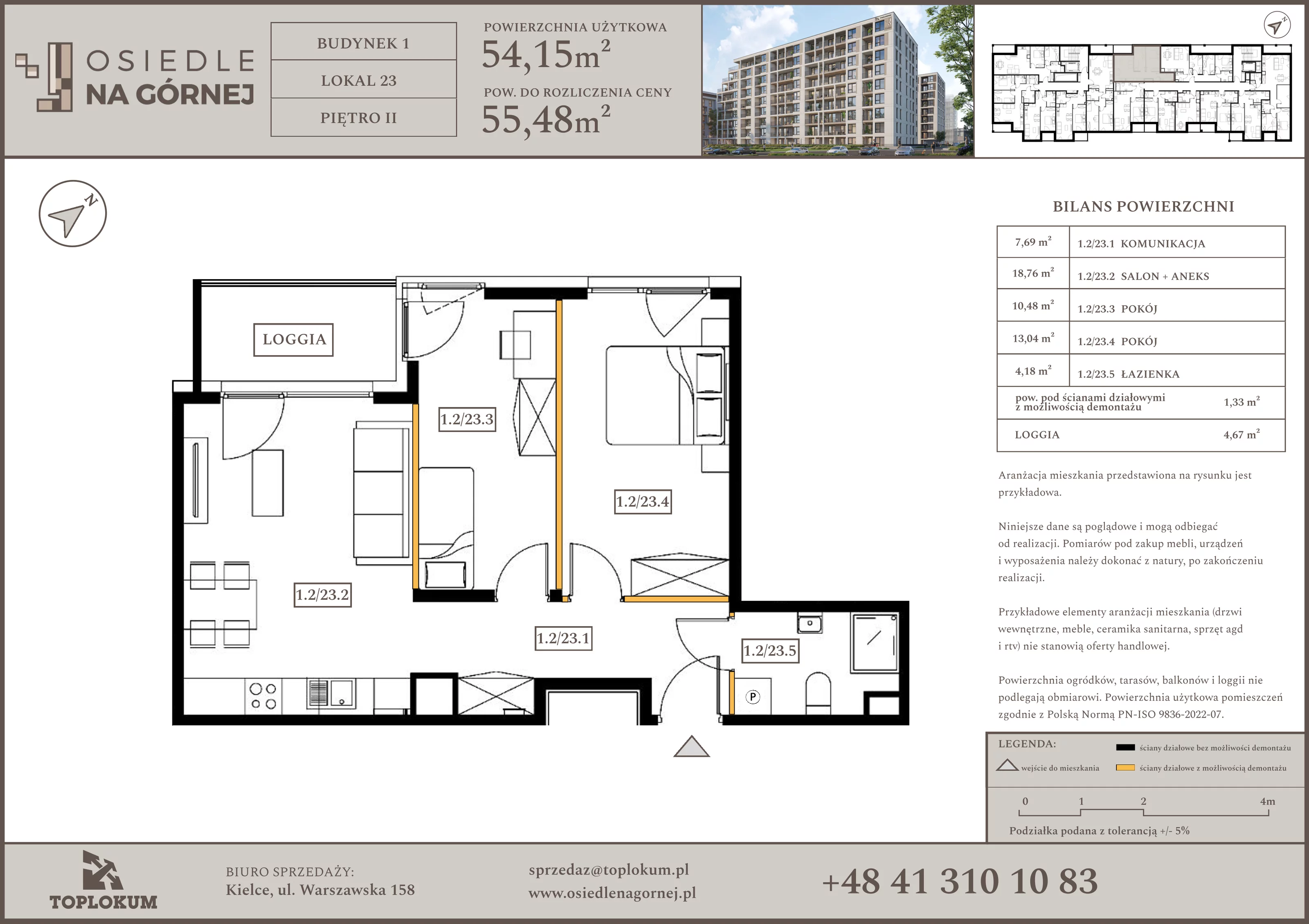 3 pokoje, mieszkanie 54,15 m², piętro 2, oferta nr 23, Osiedle na Górnej etap V, Kielce, Nowy Folwark, ul. Zbożowa