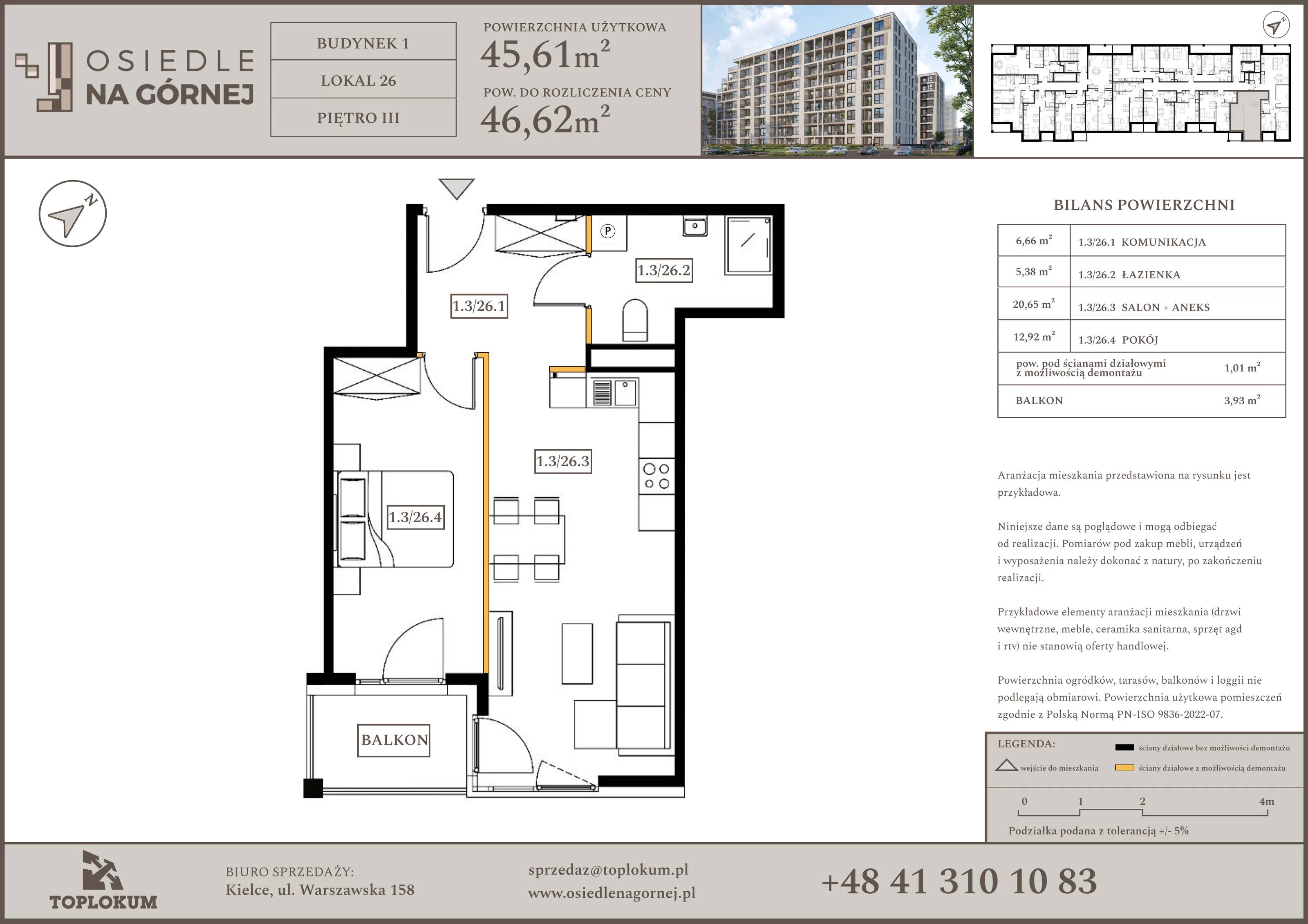 2 pokoje, mieszkanie 45,61 m², piętro 3, oferta nr 26, Osiedle na Górnej etap V, Kielce, Nowy Folwark, ul. Zbożowa