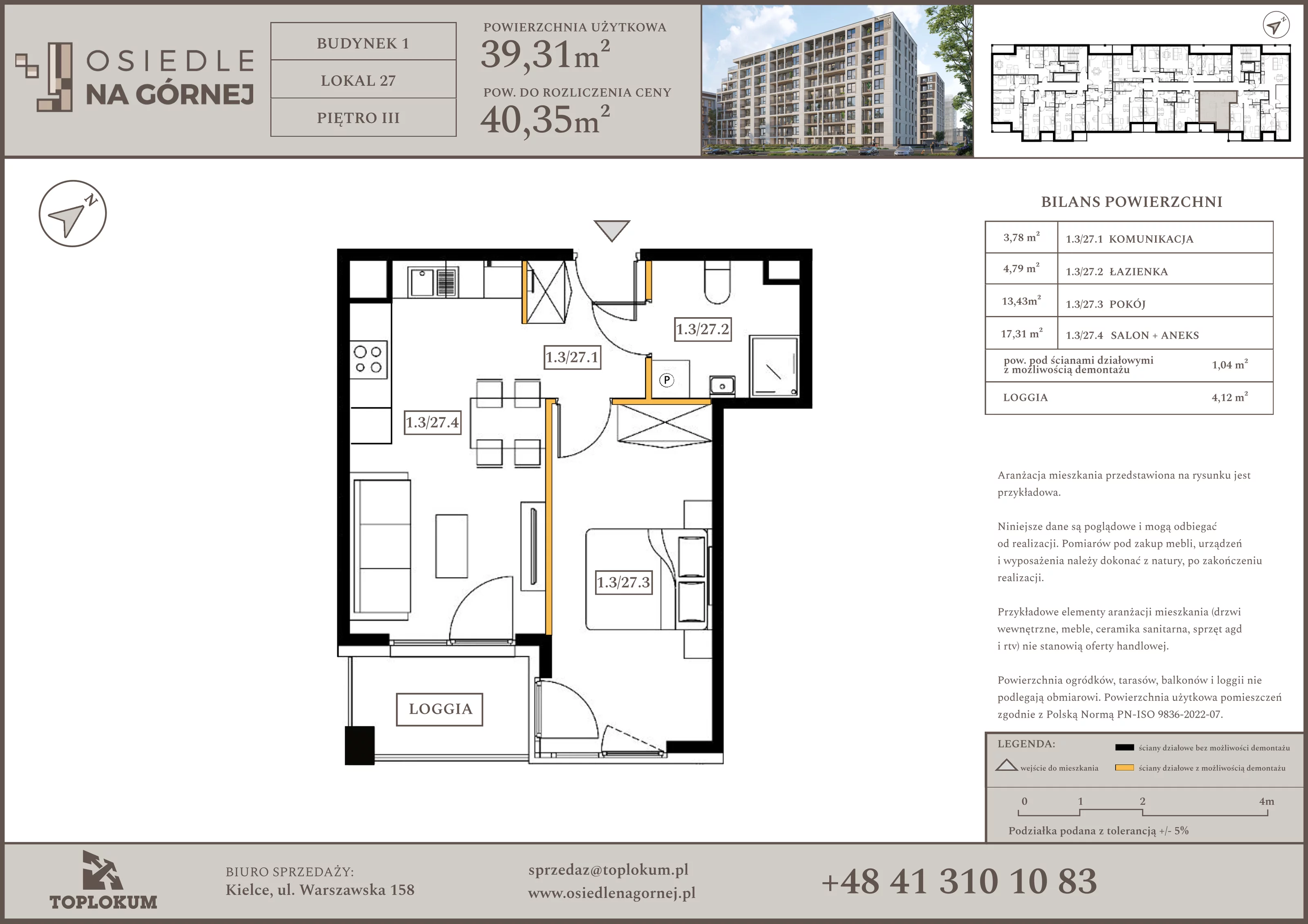 2 pokoje, mieszkanie 39,31 m², piętro 3, oferta nr 27, Osiedle na Górnej etap V, Kielce, Nowy Folwark, ul. Zbożowa