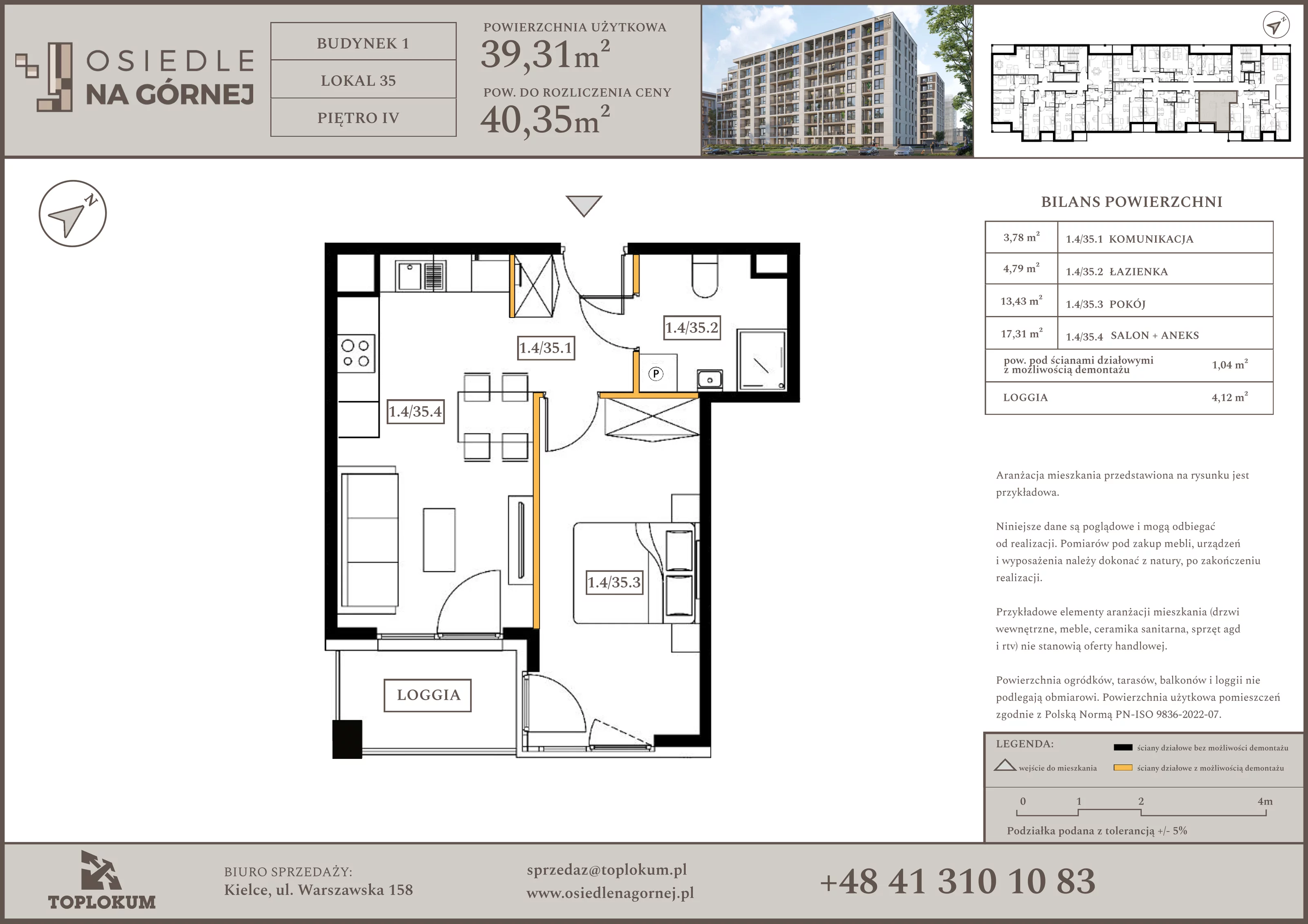 2 pokoje, mieszkanie 39,31 m², piętro 4, oferta nr 35, Osiedle na Górnej etap V, Kielce, Nowy Folwark, ul. Zbożowa