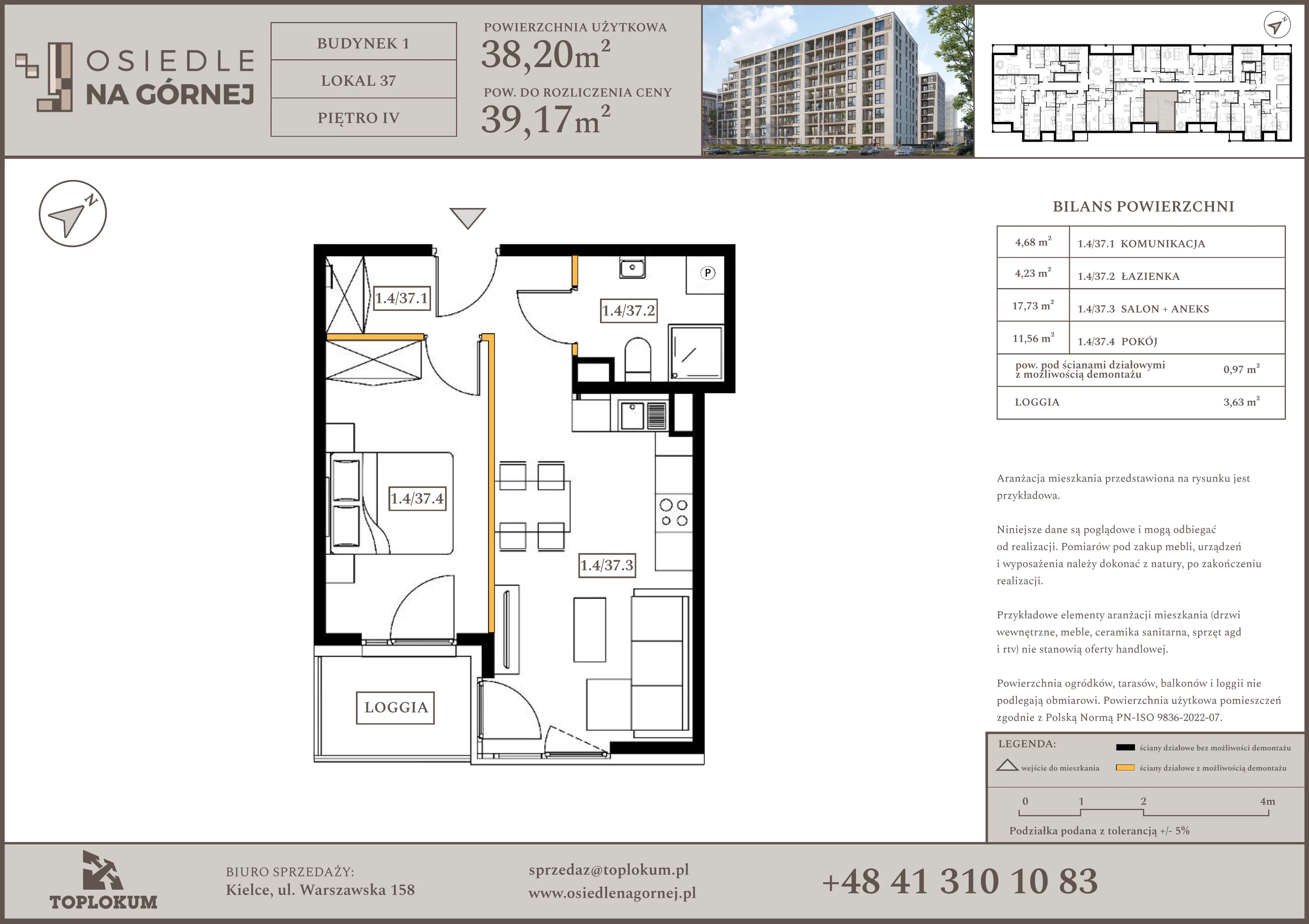 2 pokoje, mieszkanie 38,20 m², piętro 4, oferta nr 37, Osiedle na Górnej etap V, Kielce, Nowy Folwark, ul. Zbożowa