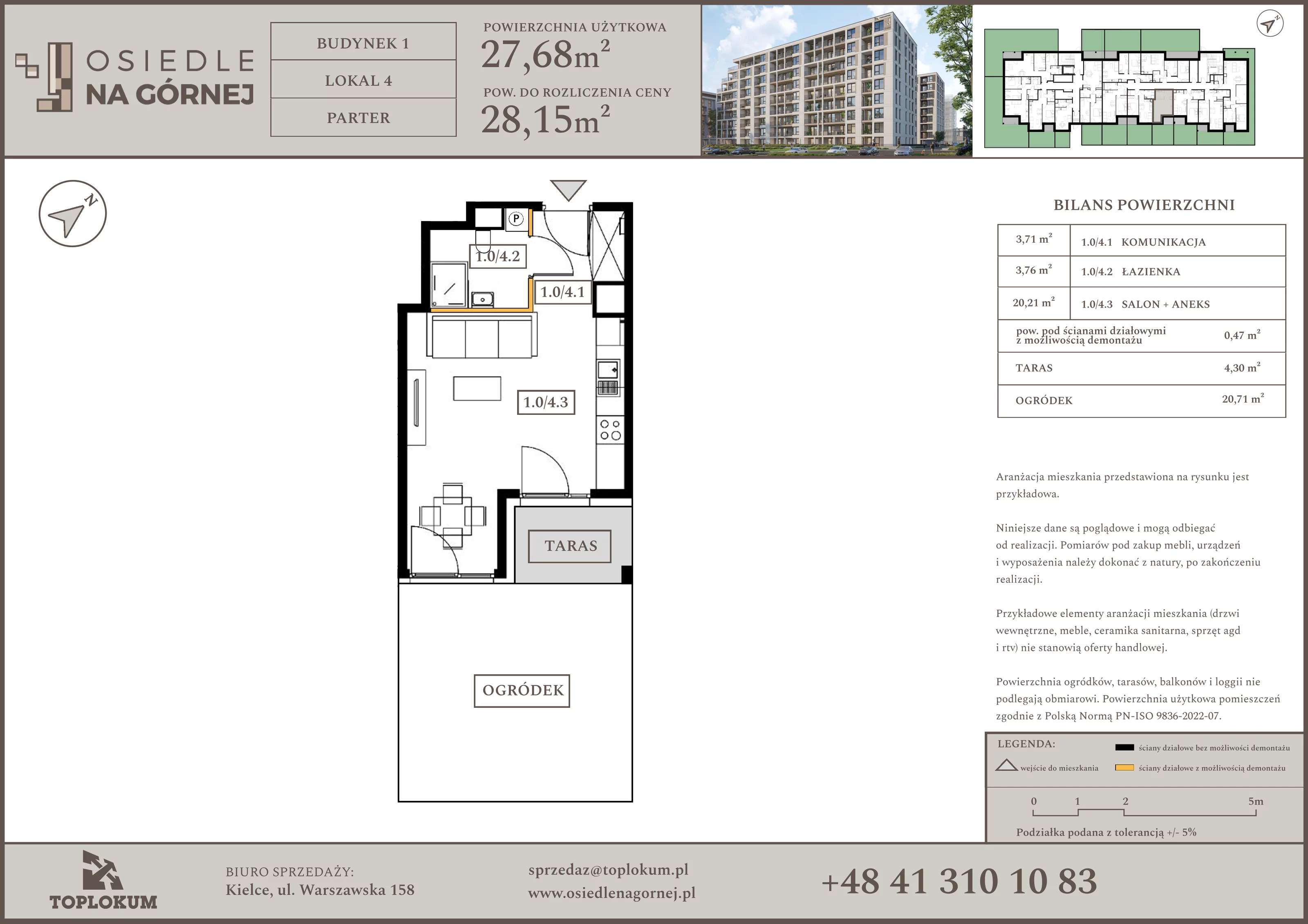 1 pokój, mieszkanie 27,68 m², parter, oferta nr 4, Osiedle na Górnej etap V, Kielce, Nowy Folwark, ul. Zbożowa