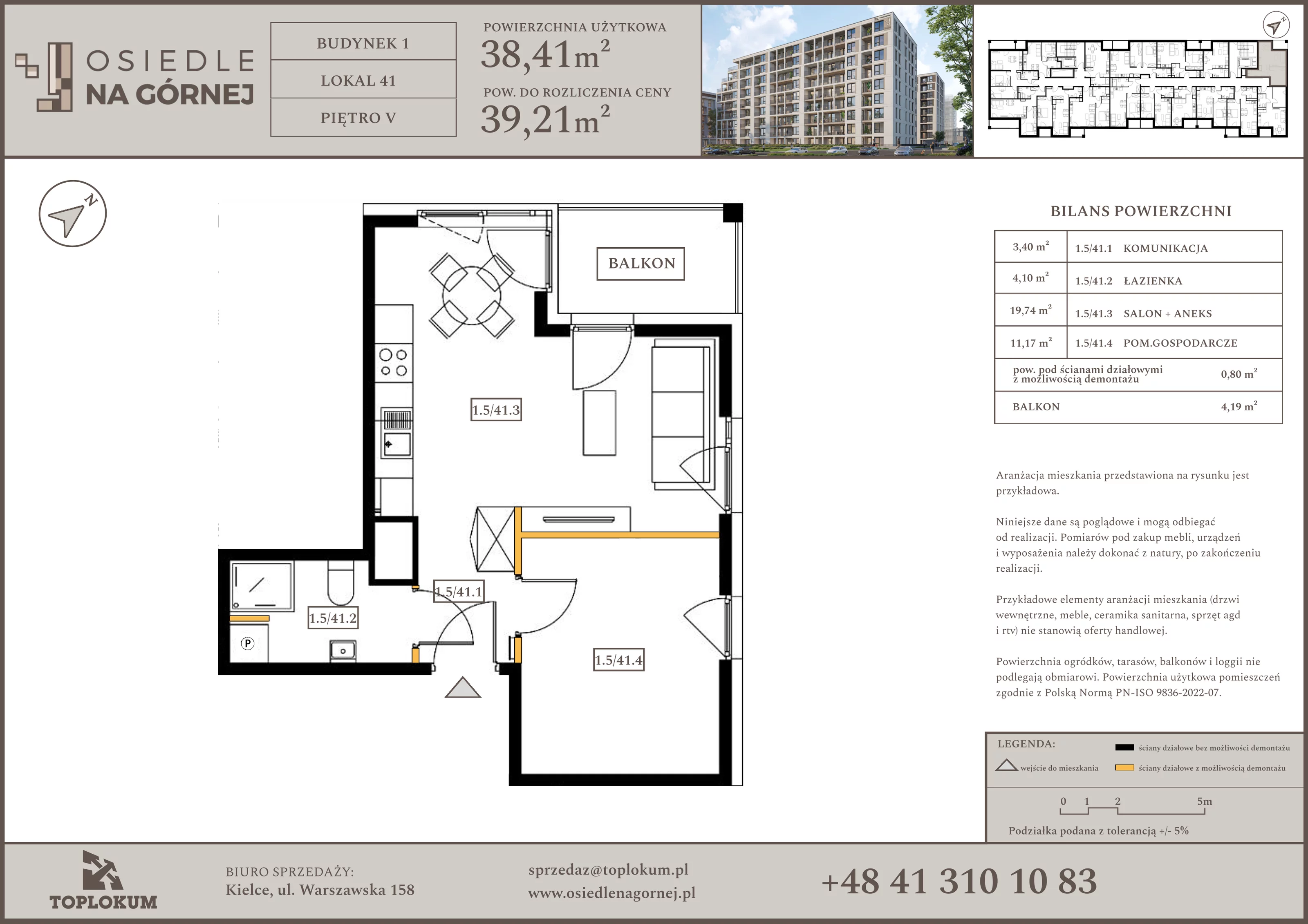 1 pokój, mieszkanie 38,41 m², piętro 5, oferta nr 41, Osiedle na Górnej etap V, Kielce, Nowy Folwark, ul. Zbożowa
