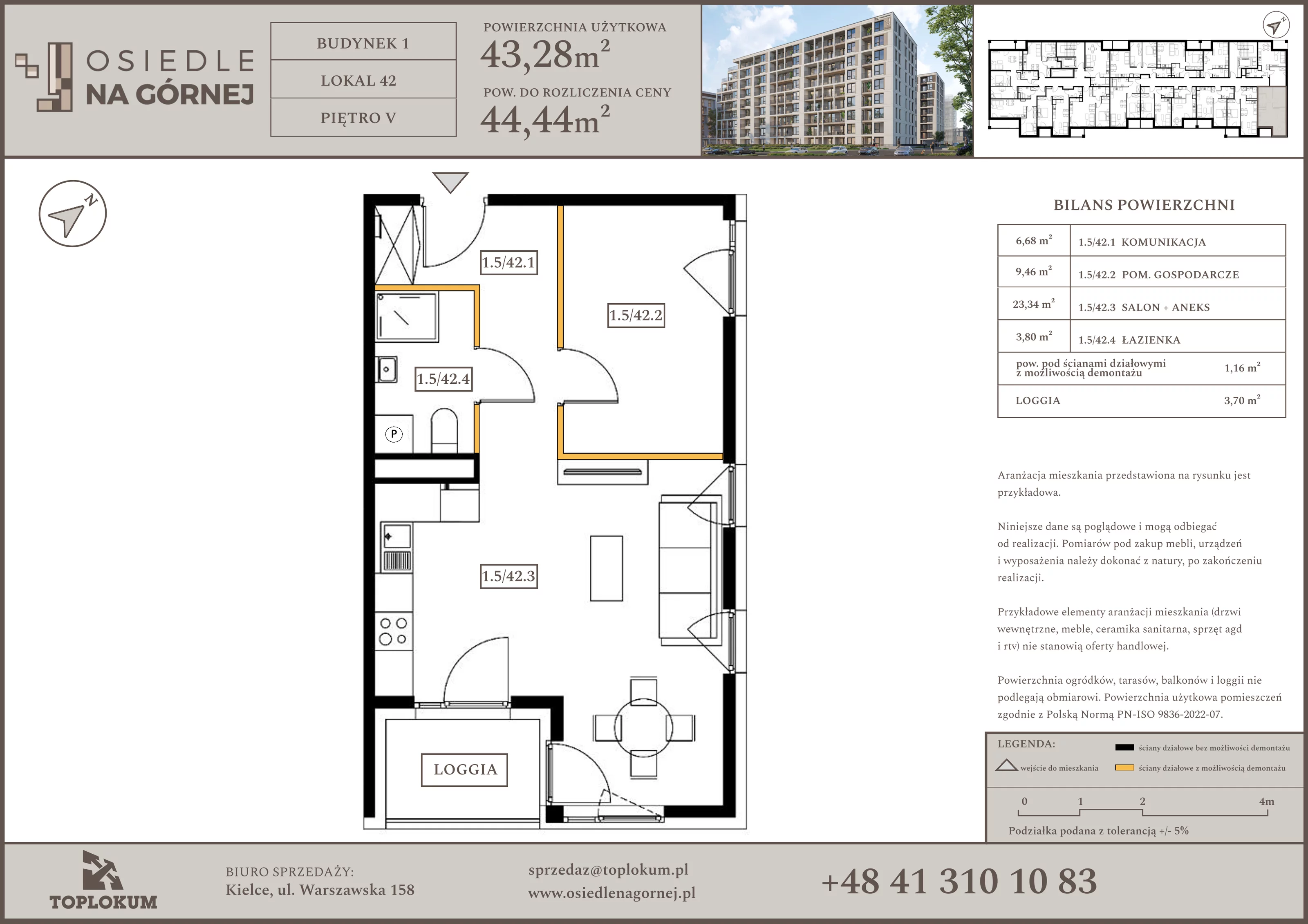 1 pokój, mieszkanie 43,28 m², piętro 5, oferta nr 42, Osiedle na Górnej etap V, Kielce, Nowy Folwark, ul. Zbożowa
