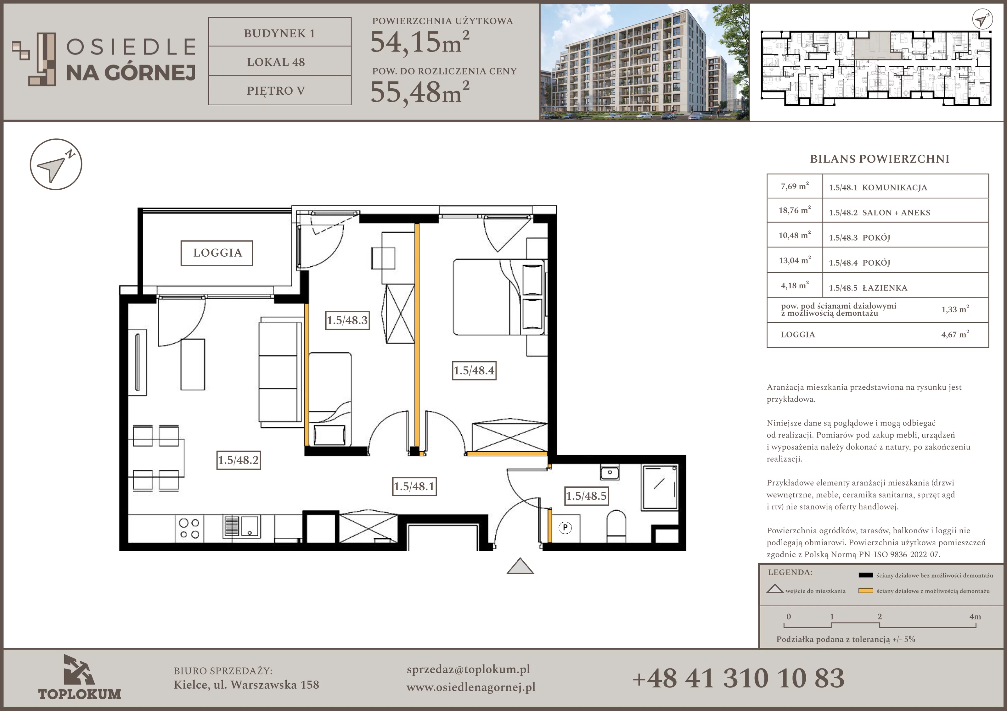 3 pokoje, mieszkanie 54,15 m², piętro 5, oferta nr 48, Osiedle na Górnej etap V, Kielce, Nowy Folwark, ul. Zbożowa