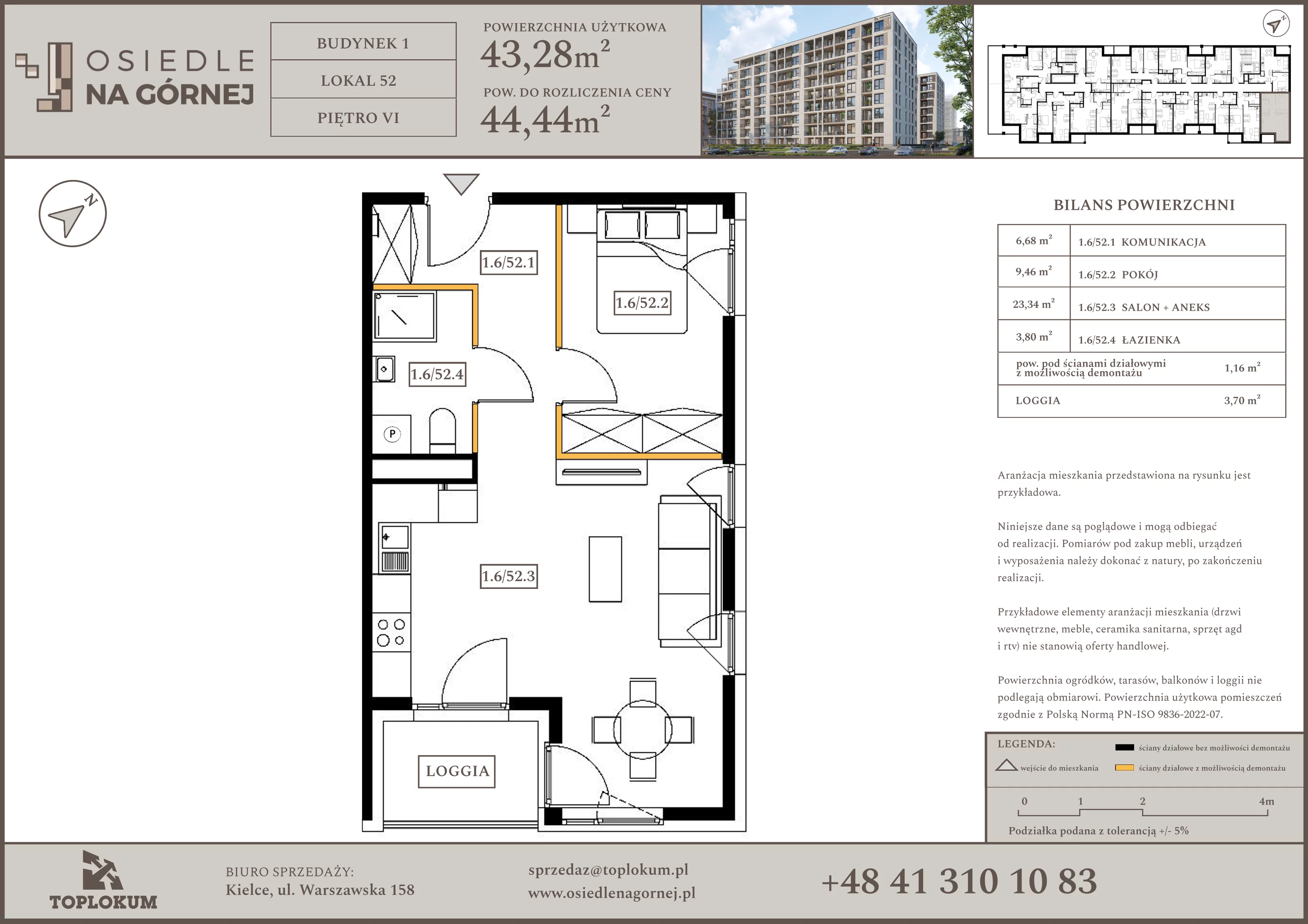 2 pokoje, mieszkanie 43,28 m², piętro 6, oferta nr 52, Osiedle na Górnej etap V, Kielce, Nowy Folwark, ul. Zbożowa