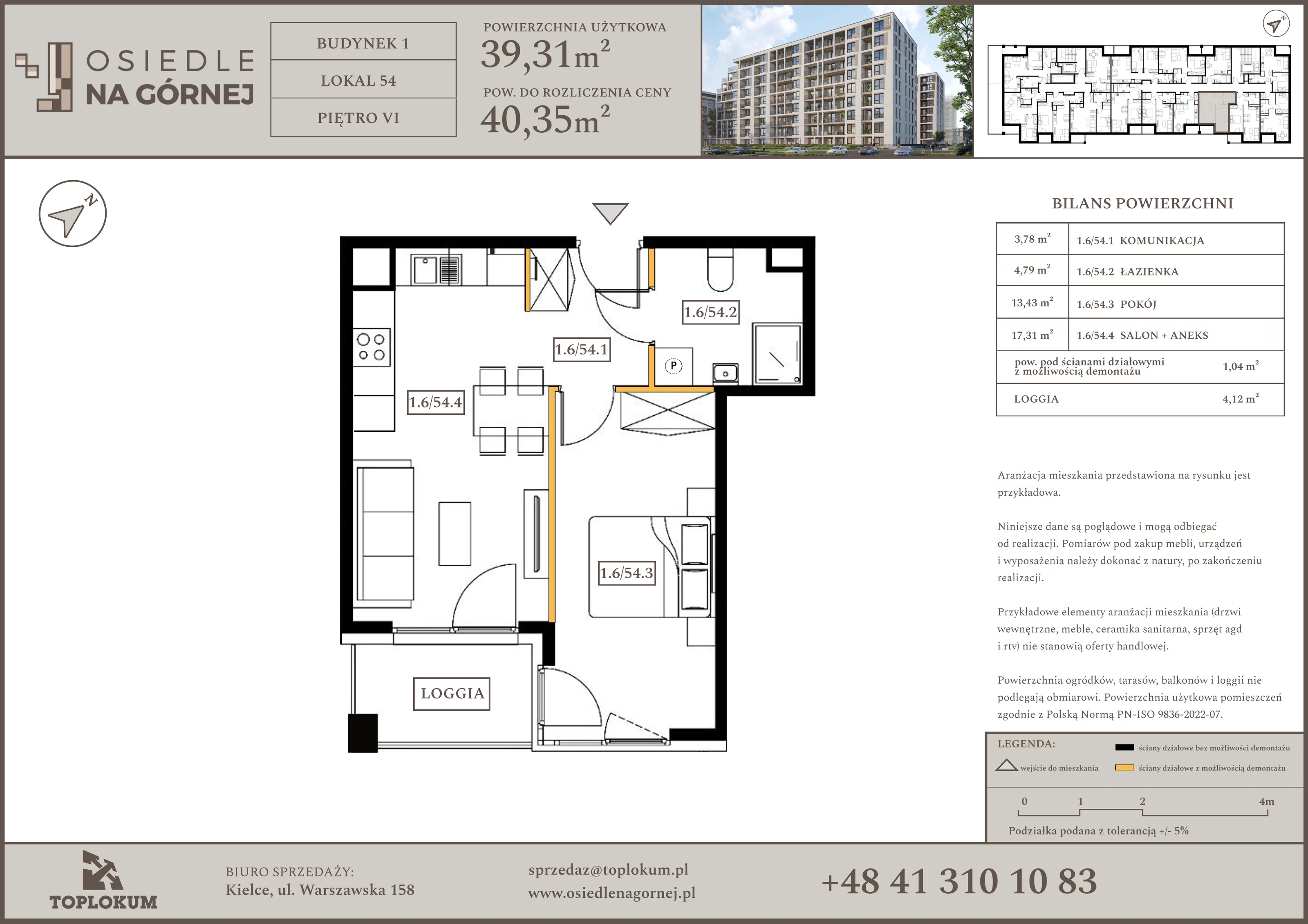 2 pokoje, mieszkanie 39,31 m², piętro 6, oferta nr 54, Osiedle na Górnej etap V, Kielce, Nowy Folwark, ul. Zbożowa
