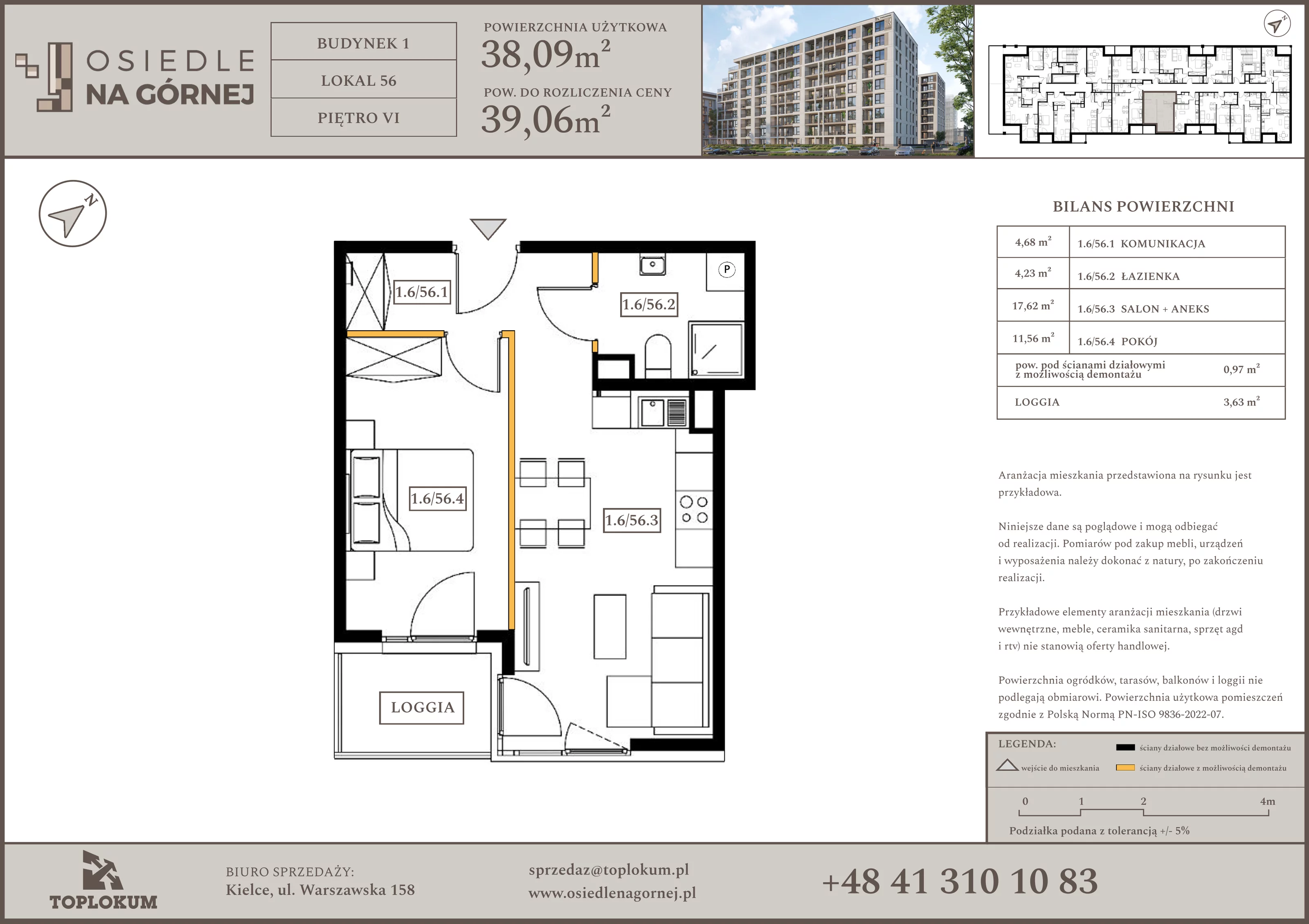 2 pokoje, mieszkanie 38,09 m², piętro 6, oferta nr 56, Osiedle na Górnej etap V, Kielce, Nowy Folwark, ul. Zbożowa