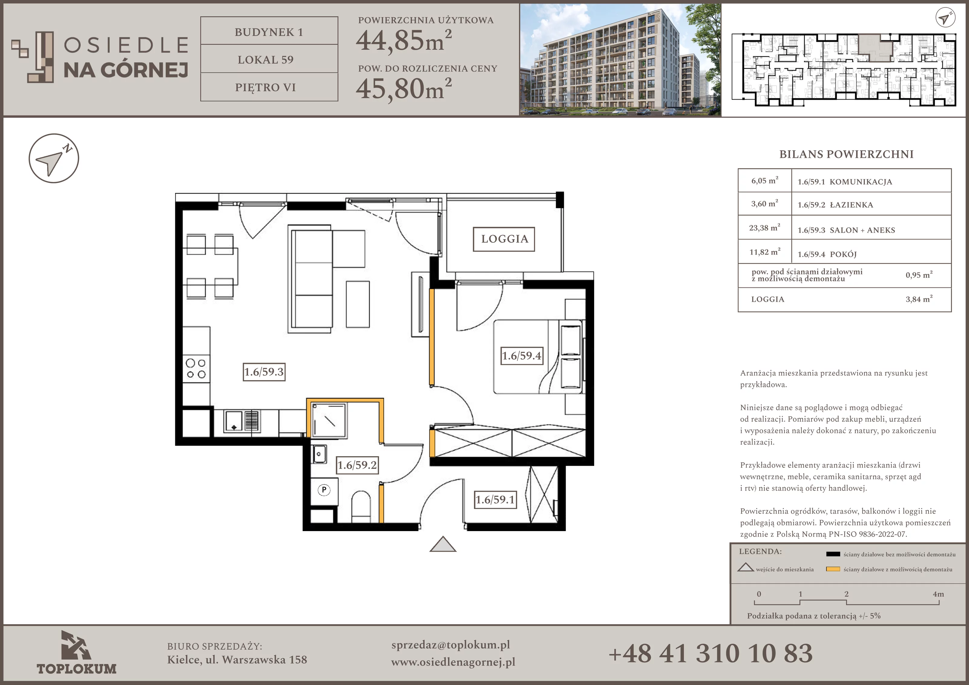 2 pokoje, mieszkanie 44,85 m², piętro 6, oferta nr 59, Osiedle na Górnej etap V, Kielce, Nowy Folwark, ul. Zbożowa