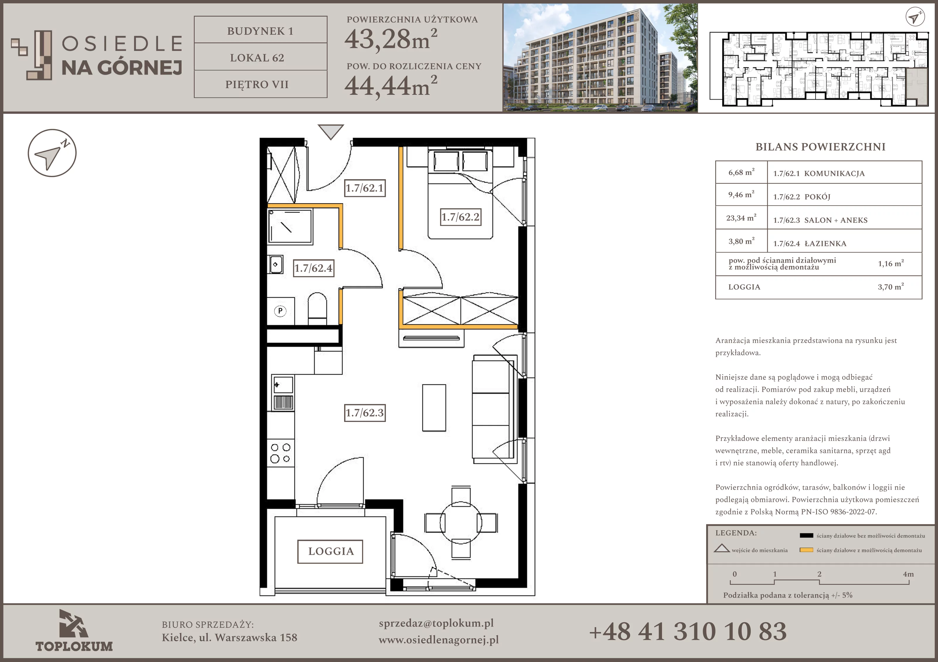 2 pokoje, mieszkanie 43,28 m², piętro 7, oferta nr 62, Osiedle na Górnej etap V, Kielce, Nowy Folwark, ul. Zbożowa