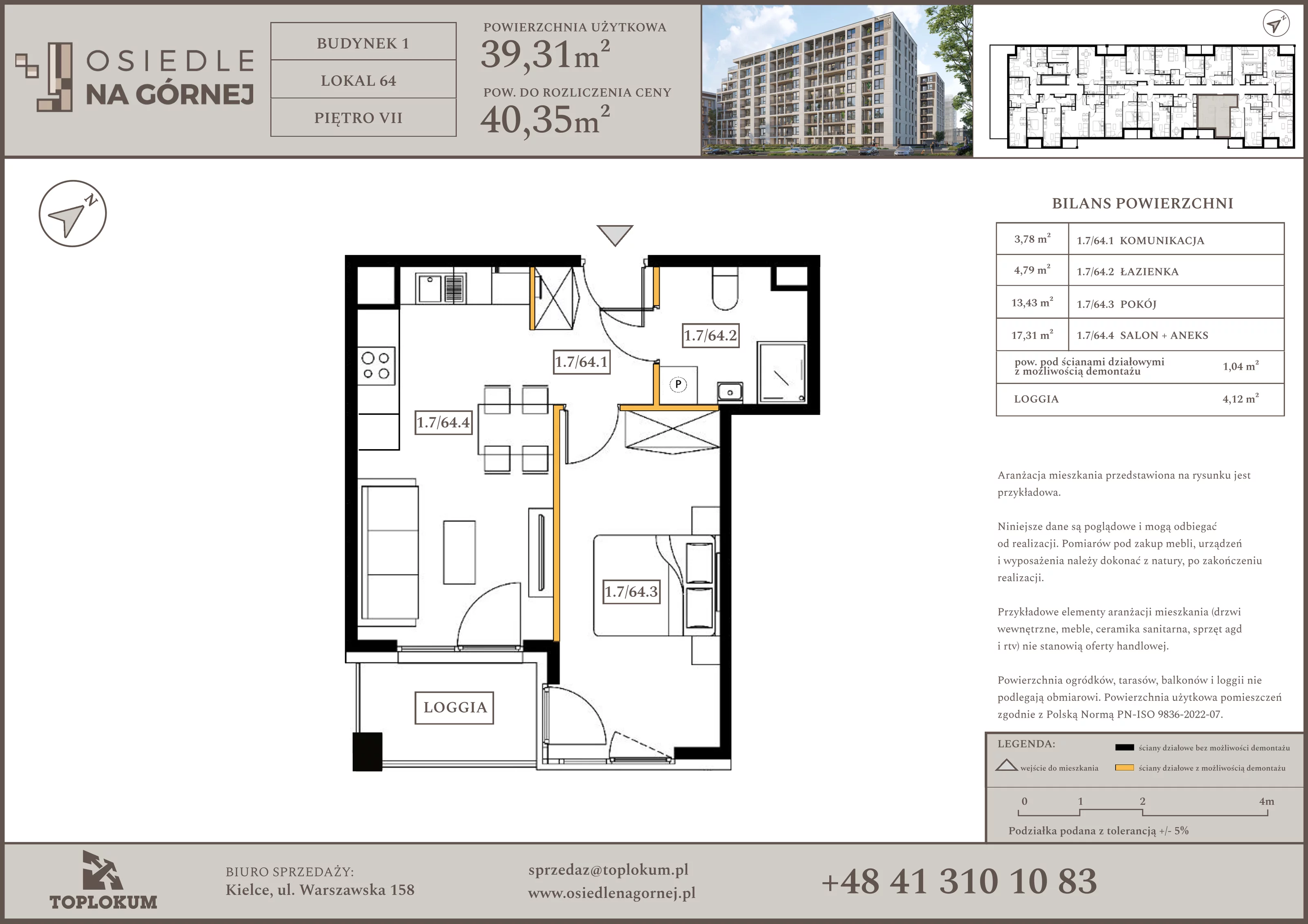 2 pokoje, mieszkanie 39,31 m², piętro 7, oferta nr 64, Osiedle na Górnej etap V, Kielce, Nowy Folwark, ul. Zbożowa
