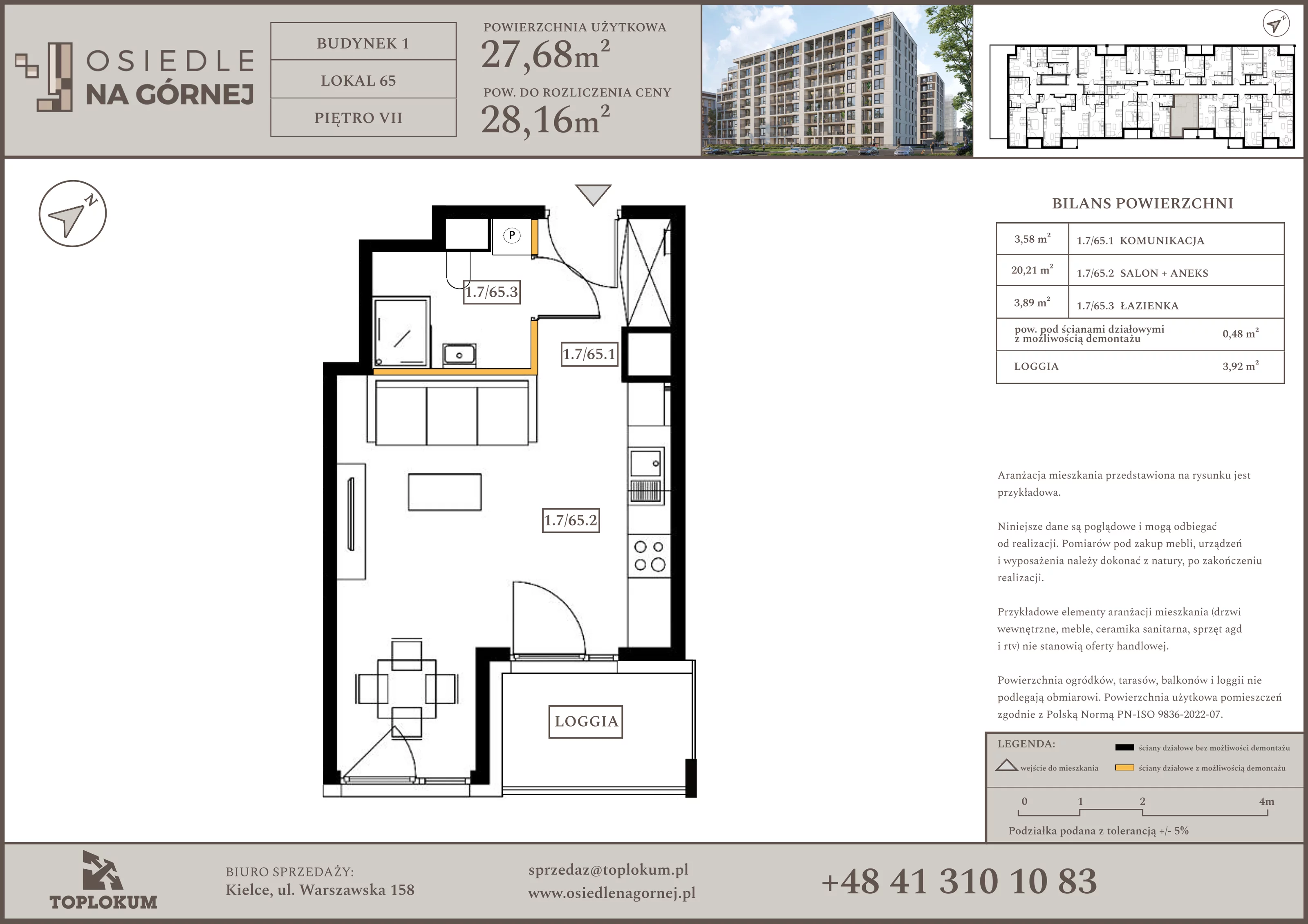 1 pokój, mieszkanie 27,68 m², piętro 7, oferta nr 65, Osiedle na Górnej etap V, Kielce, Nowy Folwark, ul. Zbożowa