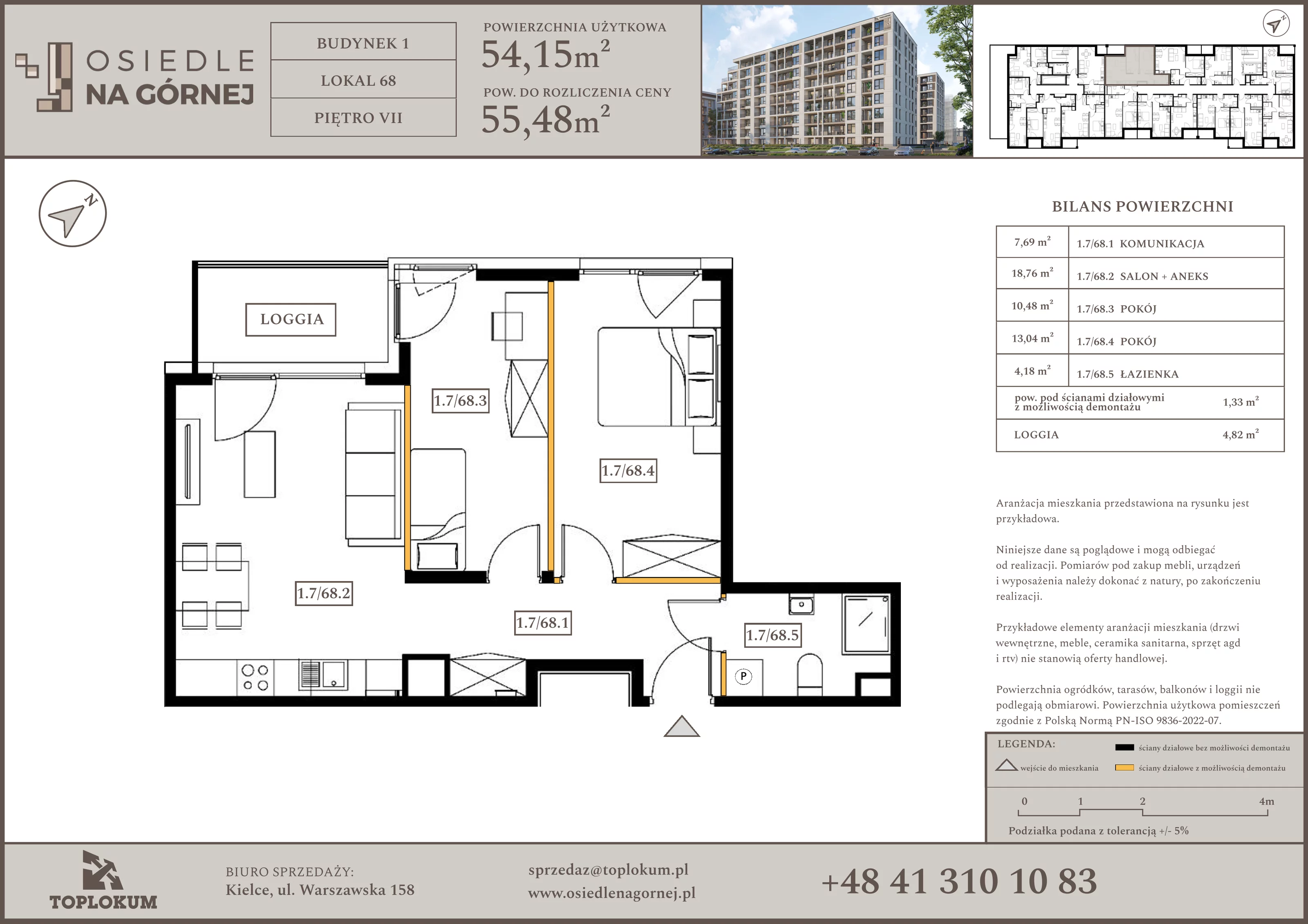 3 pokoje, mieszkanie 54,15 m², piętro 7, oferta nr 68, Osiedle na Górnej etap V, Kielce, Nowy Folwark, ul. Zbożowa