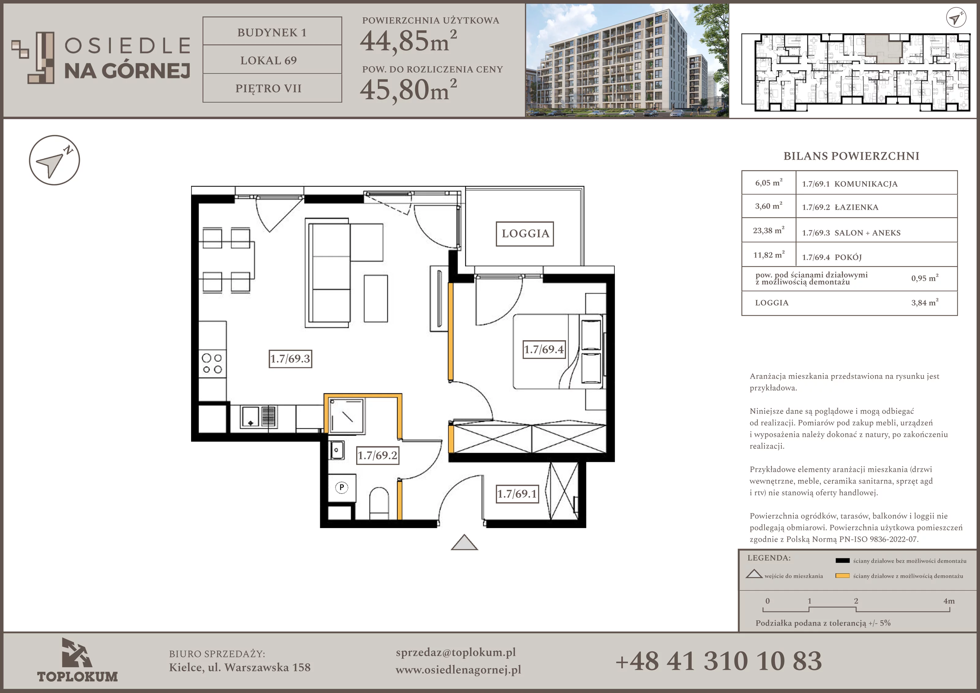 2 pokoje, mieszkanie 44,85 m², piętro 7, oferta nr 69, Osiedle na Górnej etap V, Kielce, Nowy Folwark, ul. Zbożowa