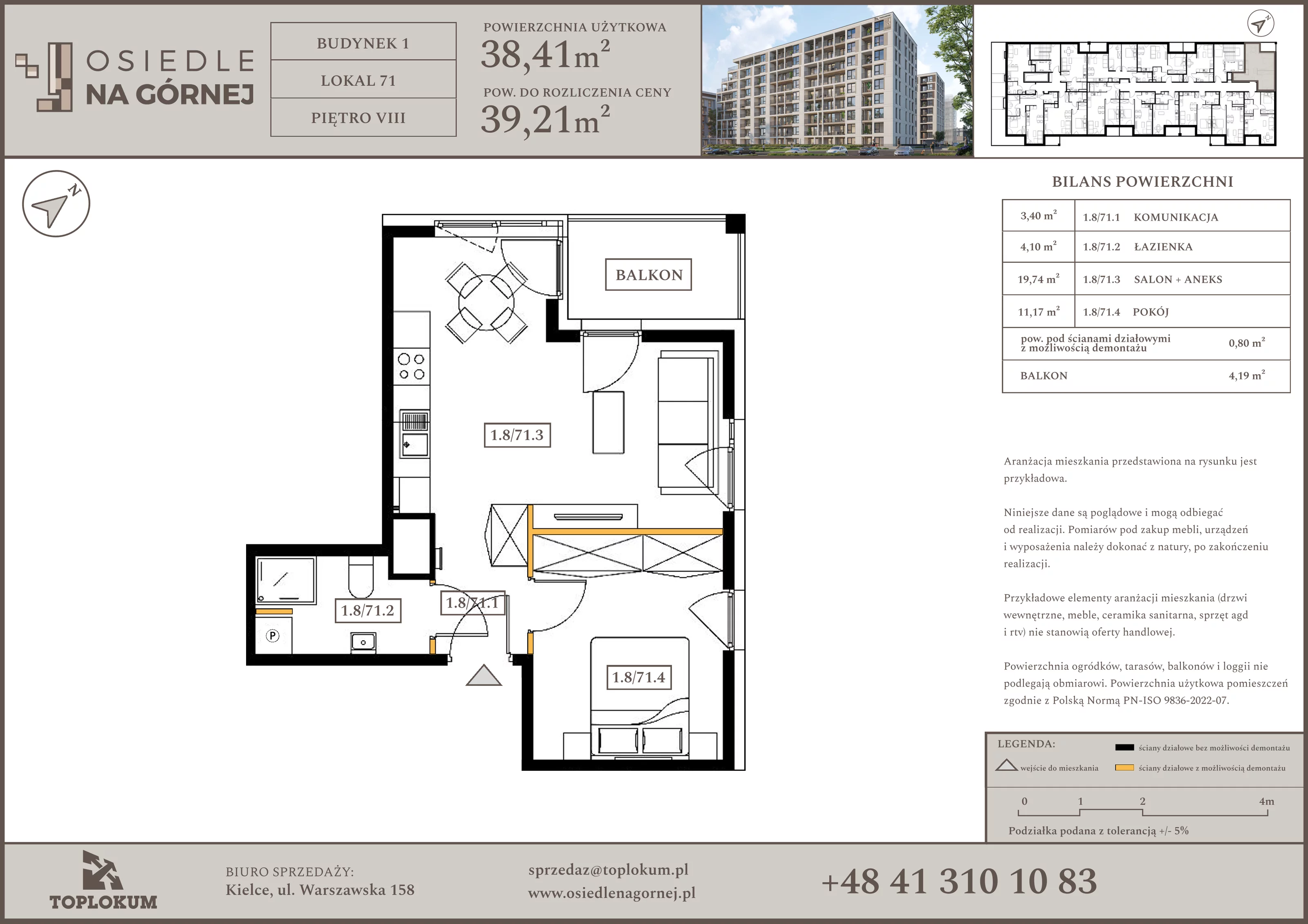 2 pokoje, mieszkanie 38,41 m², piętro 8, oferta nr 71, Osiedle na Górnej etap V, Kielce, Nowy Folwark, ul. Zbożowa