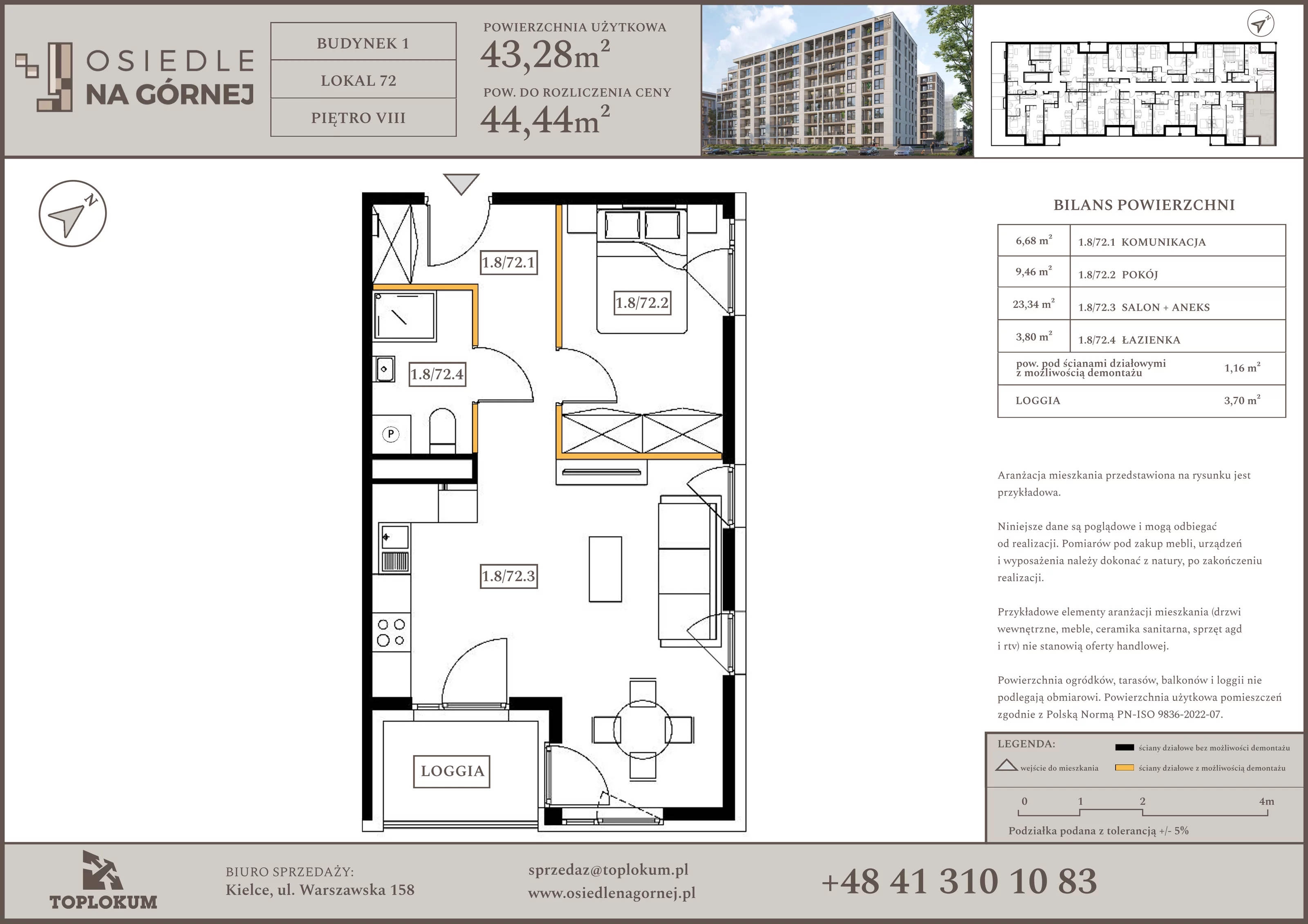2 pokoje, mieszkanie 43,28 m², piętro 8, oferta nr 72, Osiedle na Górnej etap V, Kielce, Nowy Folwark, ul. Zbożowa