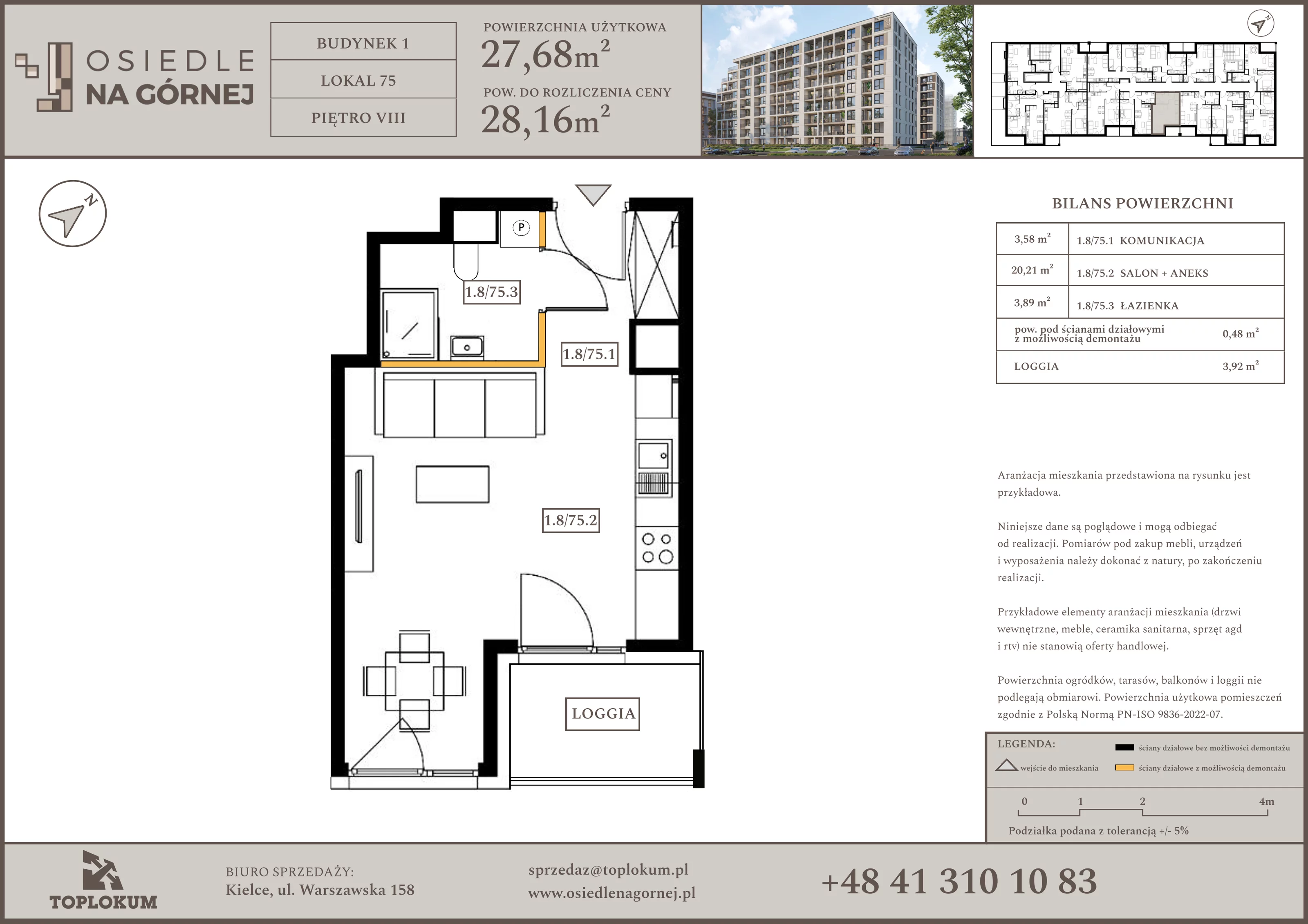 1 pokój, mieszkanie 27,68 m², piętro 8, oferta nr 75, Osiedle na Górnej etap V, Kielce, Nowy Folwark, ul. Zbożowa