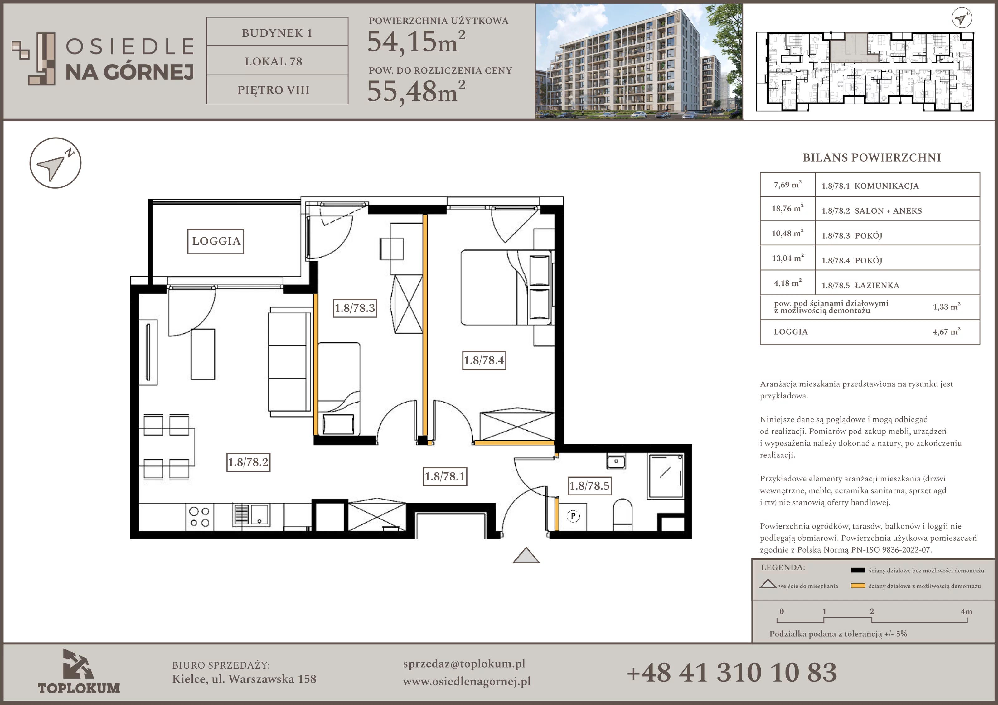3 pokoje, mieszkanie 54,15 m², piętro 8, oferta nr 78, Osiedle na Górnej etap V, Kielce, Nowy Folwark, ul. Zbożowa