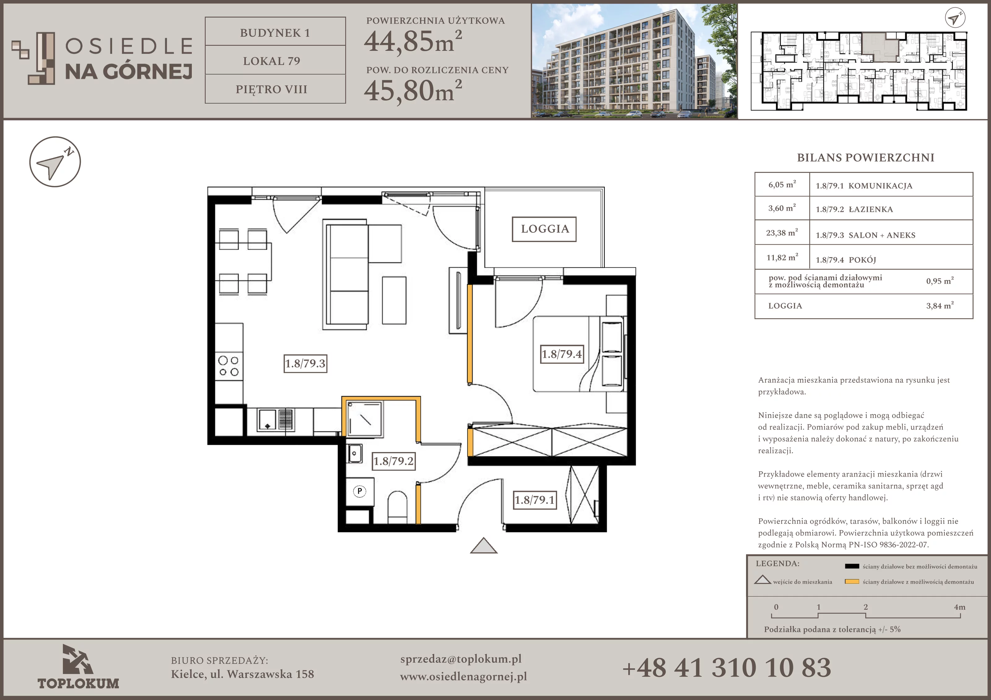 2 pokoje, mieszkanie 44,85 m², piętro 8, oferta nr 79, Osiedle na Górnej etap V, Kielce, Nowy Folwark, ul. Zbożowa