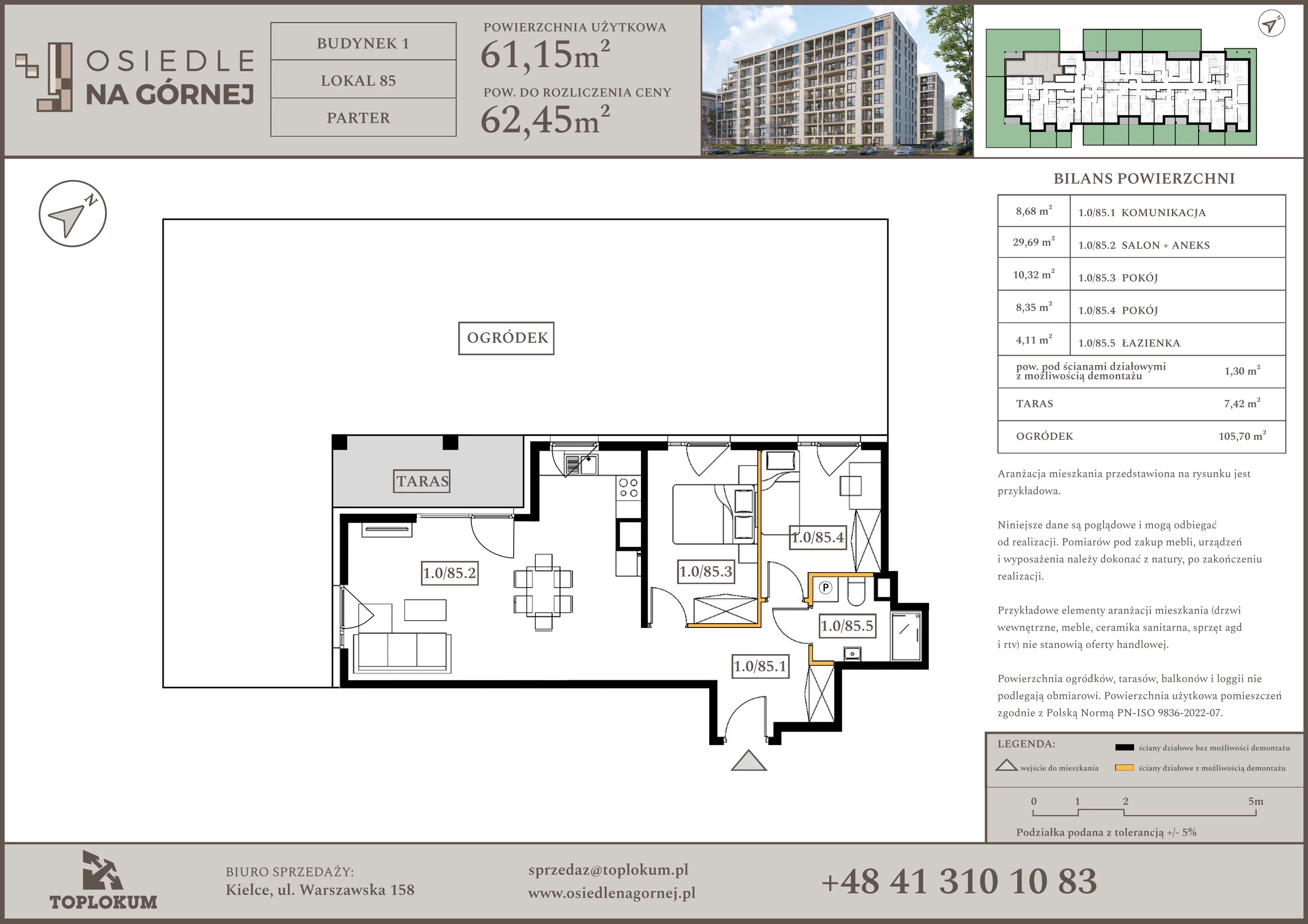 3 pokoje, mieszkanie 61,15 m², parter, oferta nr 85, Osiedle na Górnej etap V, Kielce, Nowy Folwark, ul. Zbożowa