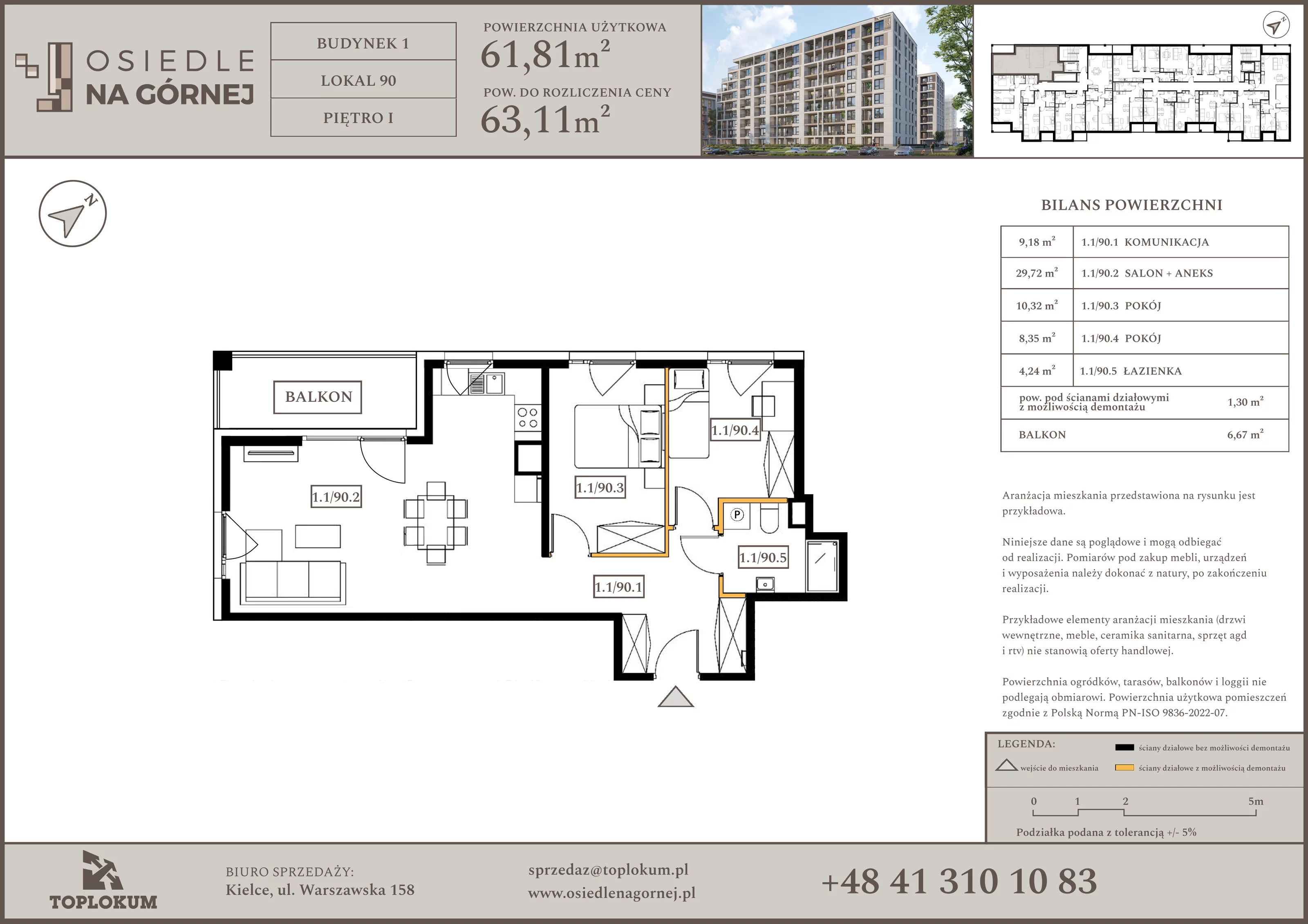 3 pokoje, mieszkanie 61,81 m², piętro 1, oferta nr 90, Osiedle na Górnej etap V, Kielce, Nowy Folwark, ul. Zbożowa