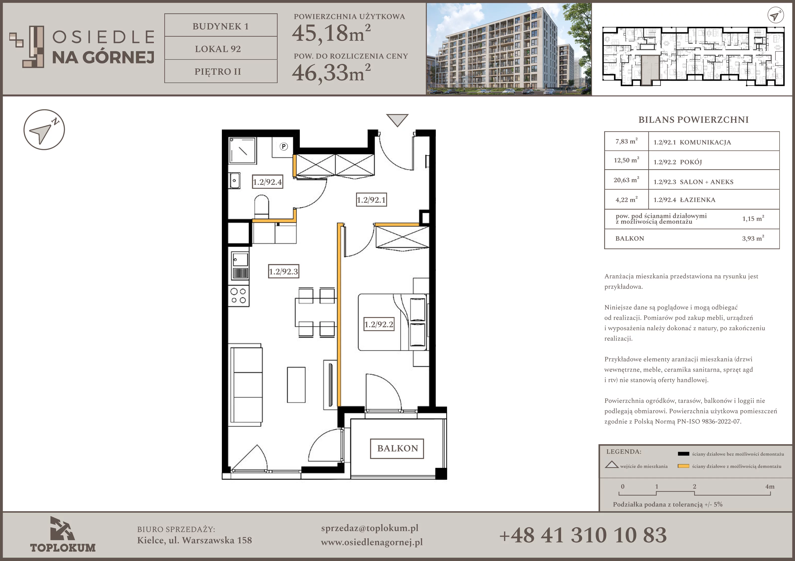 2 pokoje, mieszkanie 45,18 m², piętro 2, oferta nr 92, Osiedle na Górnej etap V, Kielce, Nowy Folwark, ul. Zbożowa