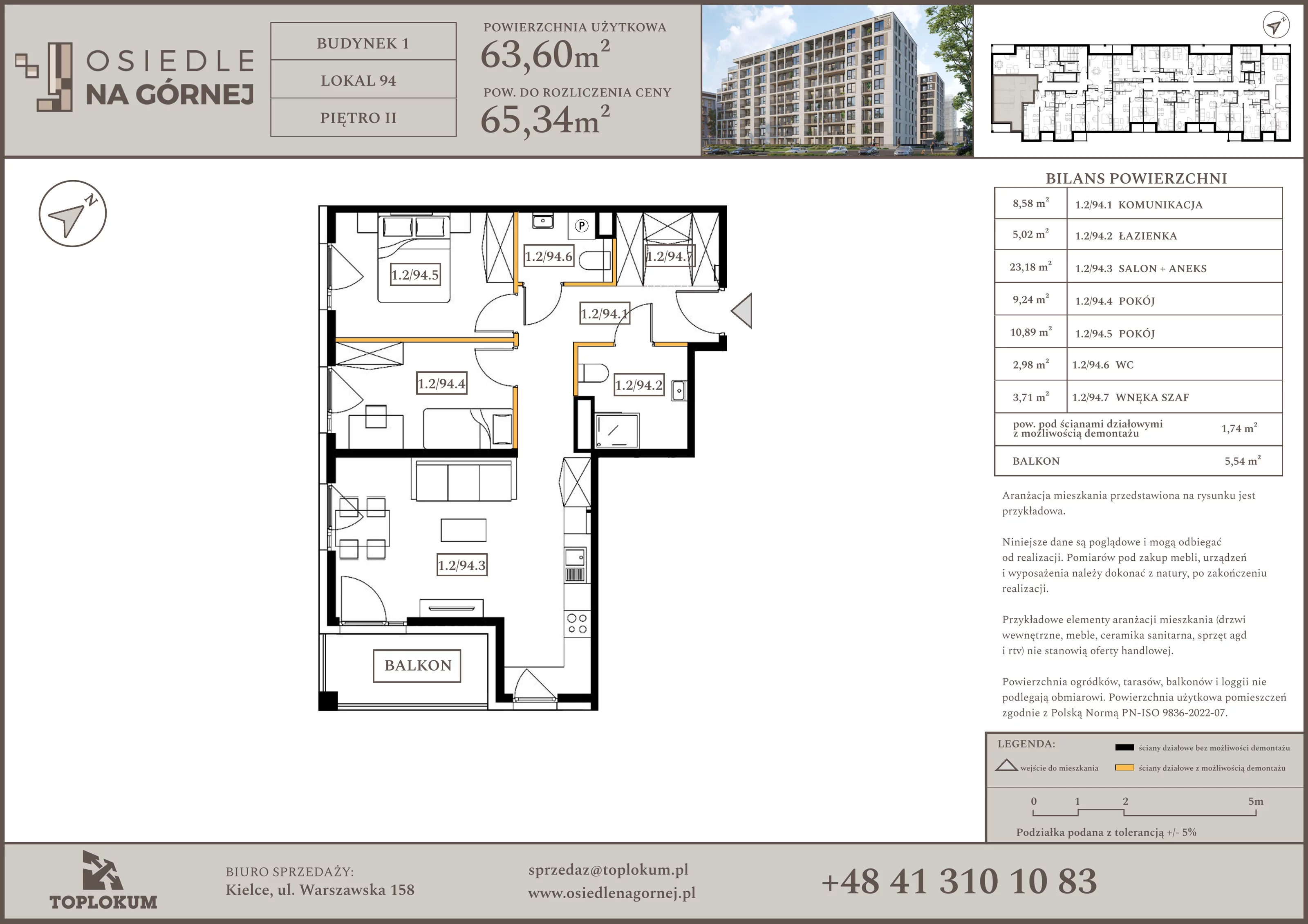 3 pokoje, mieszkanie 63,60 m², piętro 2, oferta nr 94, Osiedle na Górnej etap V, Kielce, Nowy Folwark, ul. Zbożowa