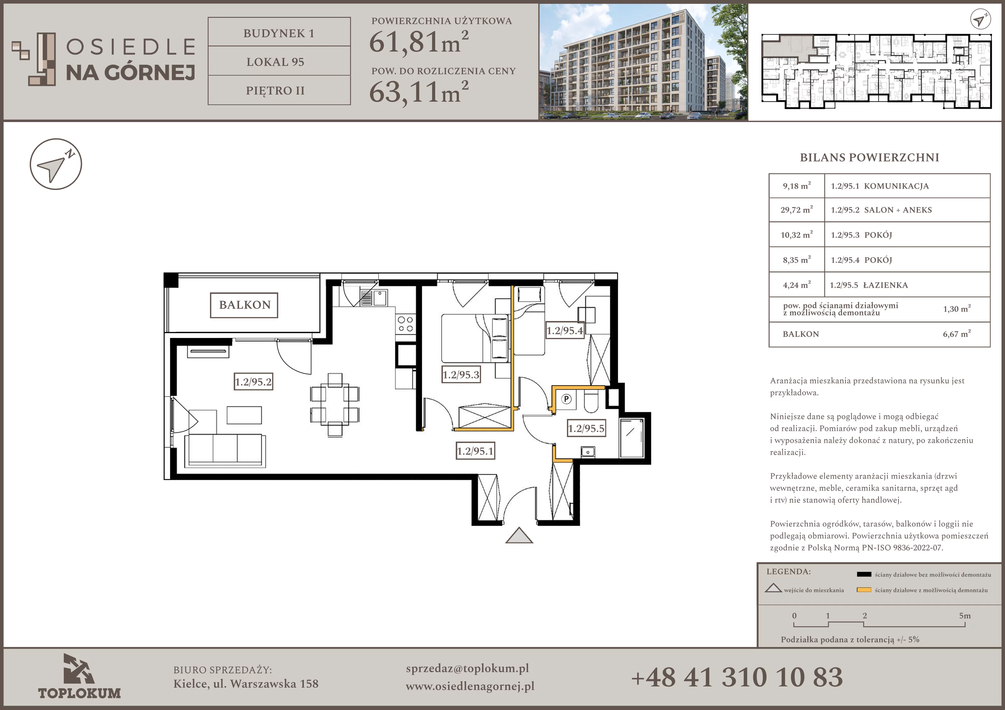 3 pokoje, mieszkanie 61,81 m², piętro 2, oferta nr 95, Osiedle na Górnej etap V, Kielce, Nowy Folwark, ul. Zbożowa