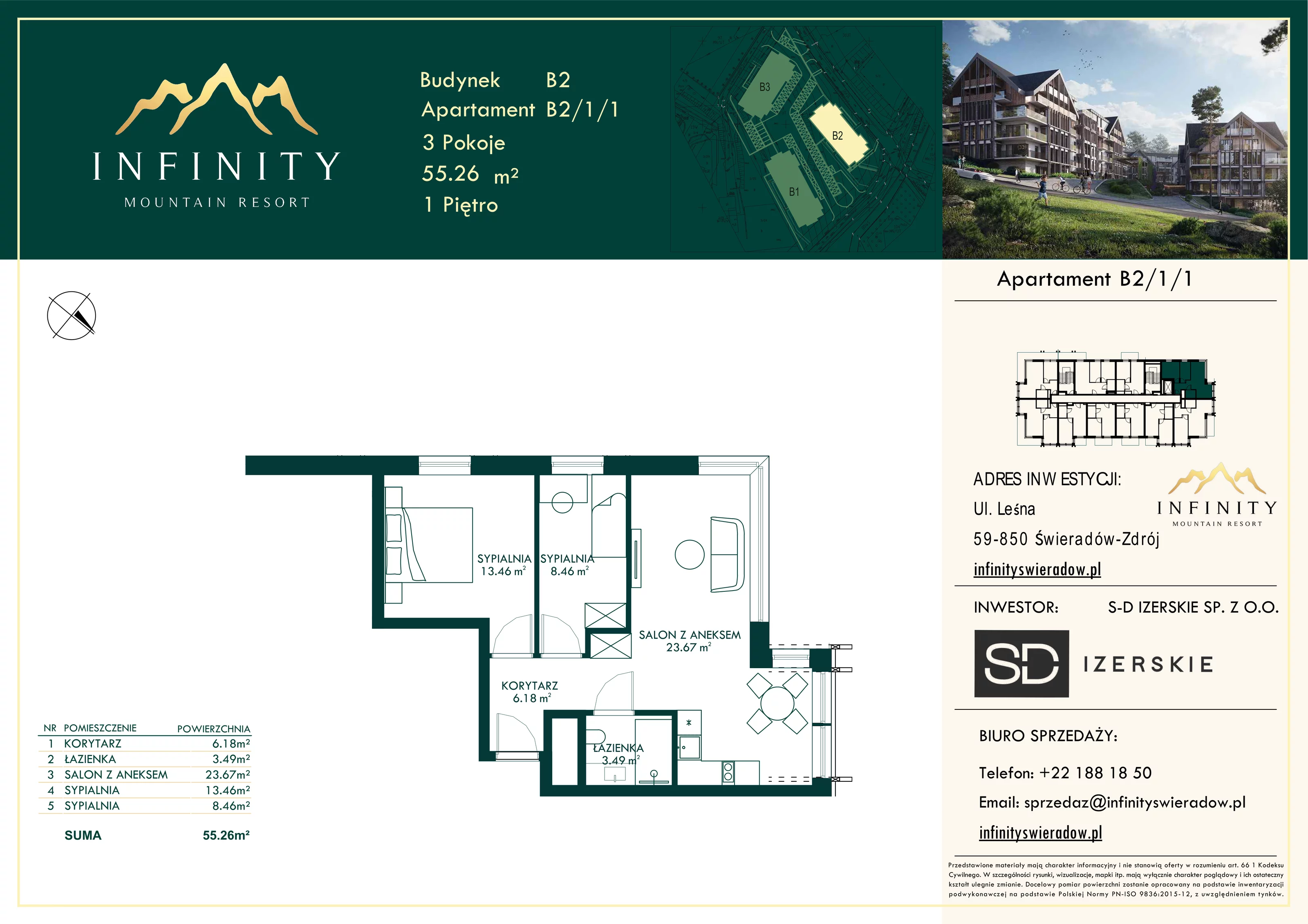 3 pokoje, apartament inwestycyjny 55,26 m², piętro 1, oferta nr B2/1/1, Infinity Mountain Resort, Świeradów-Zdrój, ul. Leśna
