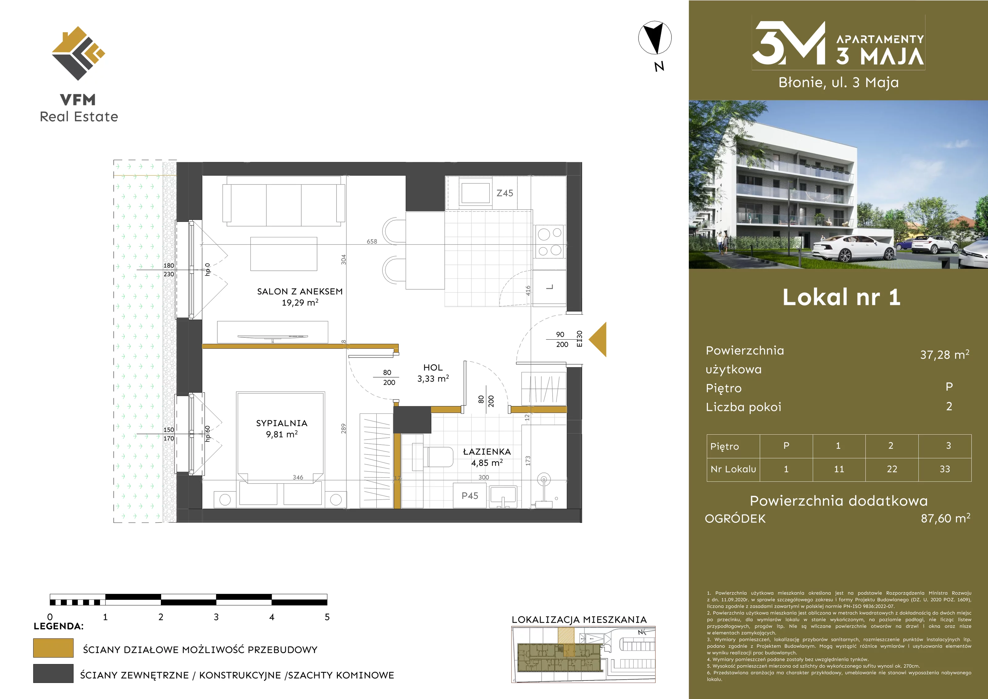 2 pokoje, mieszkanie 37,28 m², parter, oferta nr 1, Apartamenty 3 Maja, Błonie, ul. 3 Maja