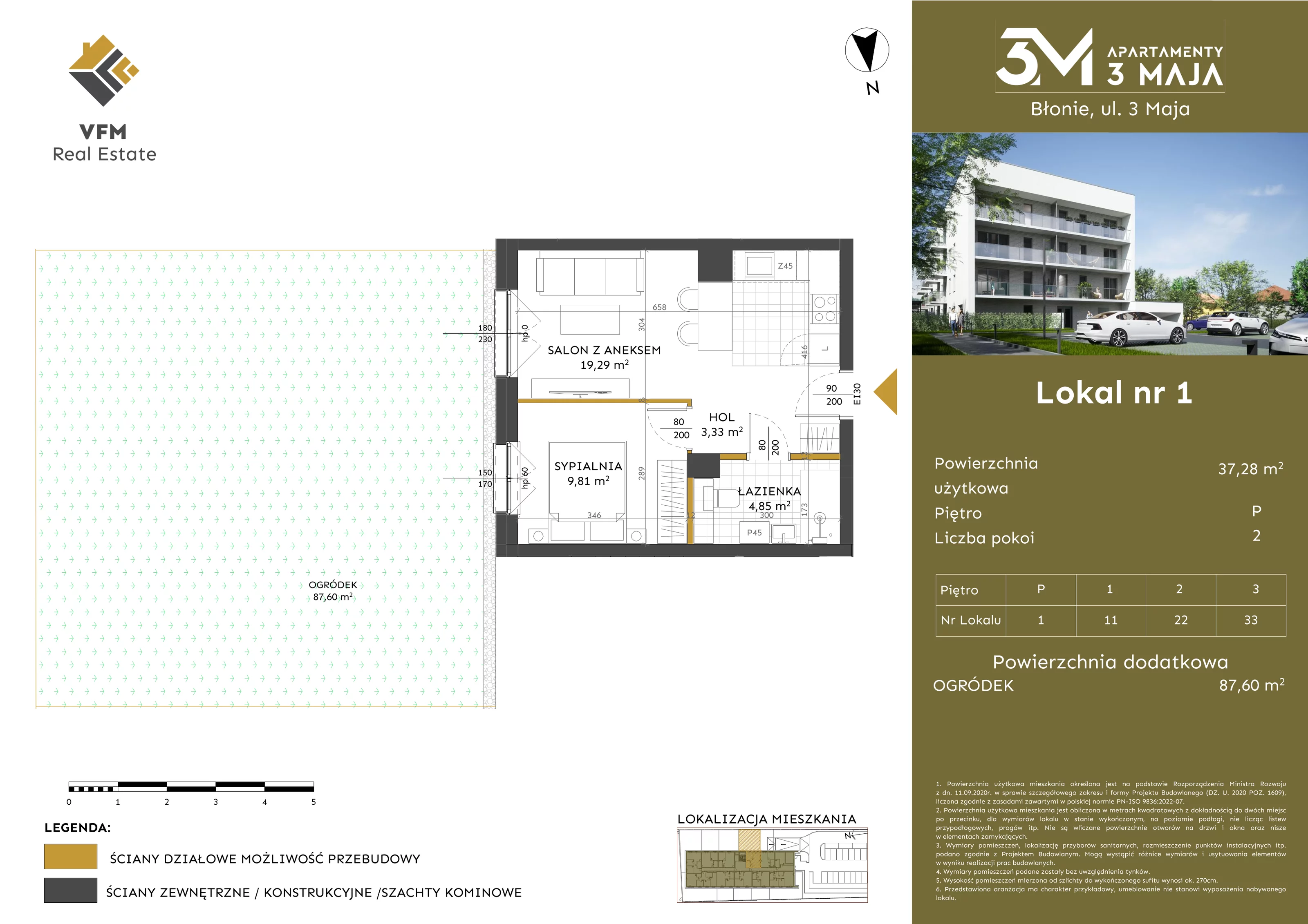 2 pokoje, mieszkanie 37,28 m², parter, oferta nr 1, Apartamenty 3 Maja, Błonie, ul. 3 Maja