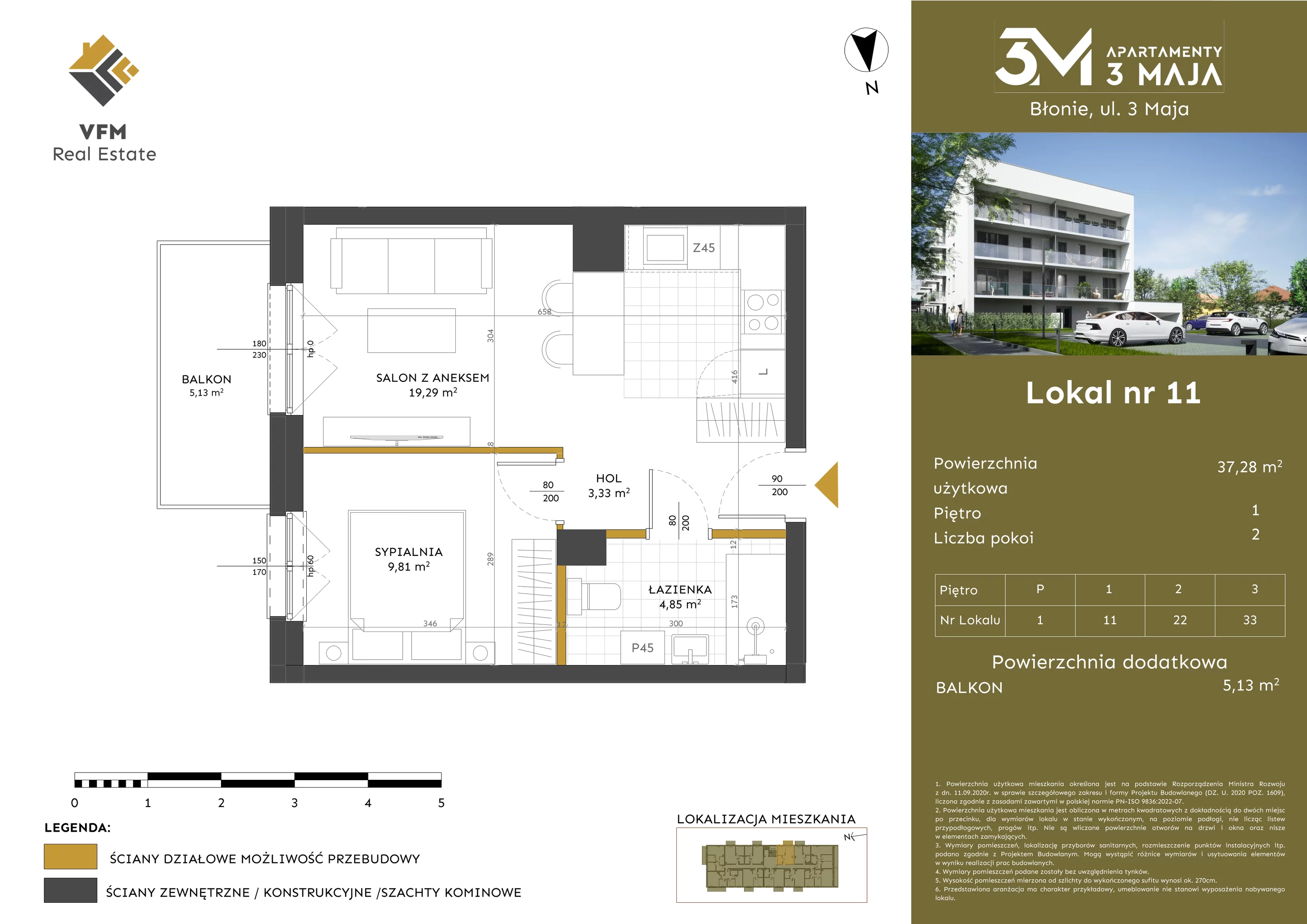 2 pokoje, mieszkanie 37,28 m², piętro 1, oferta nr 11, Apartamenty 3 Maja, Błonie, ul. 3 Maja