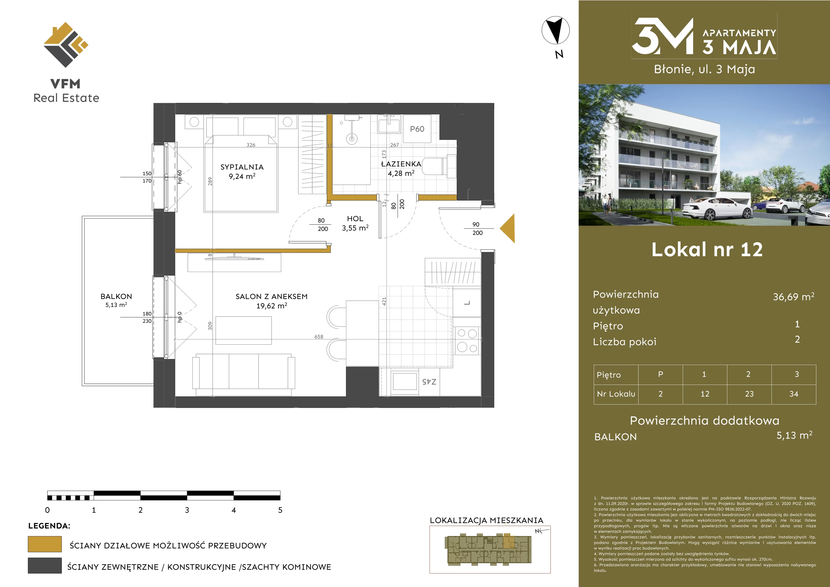 2 pokoje, mieszkanie 36,69 m², piętro 1, oferta nr 12, Apartamenty 3 Maja, Błonie, ul. 3 Maja