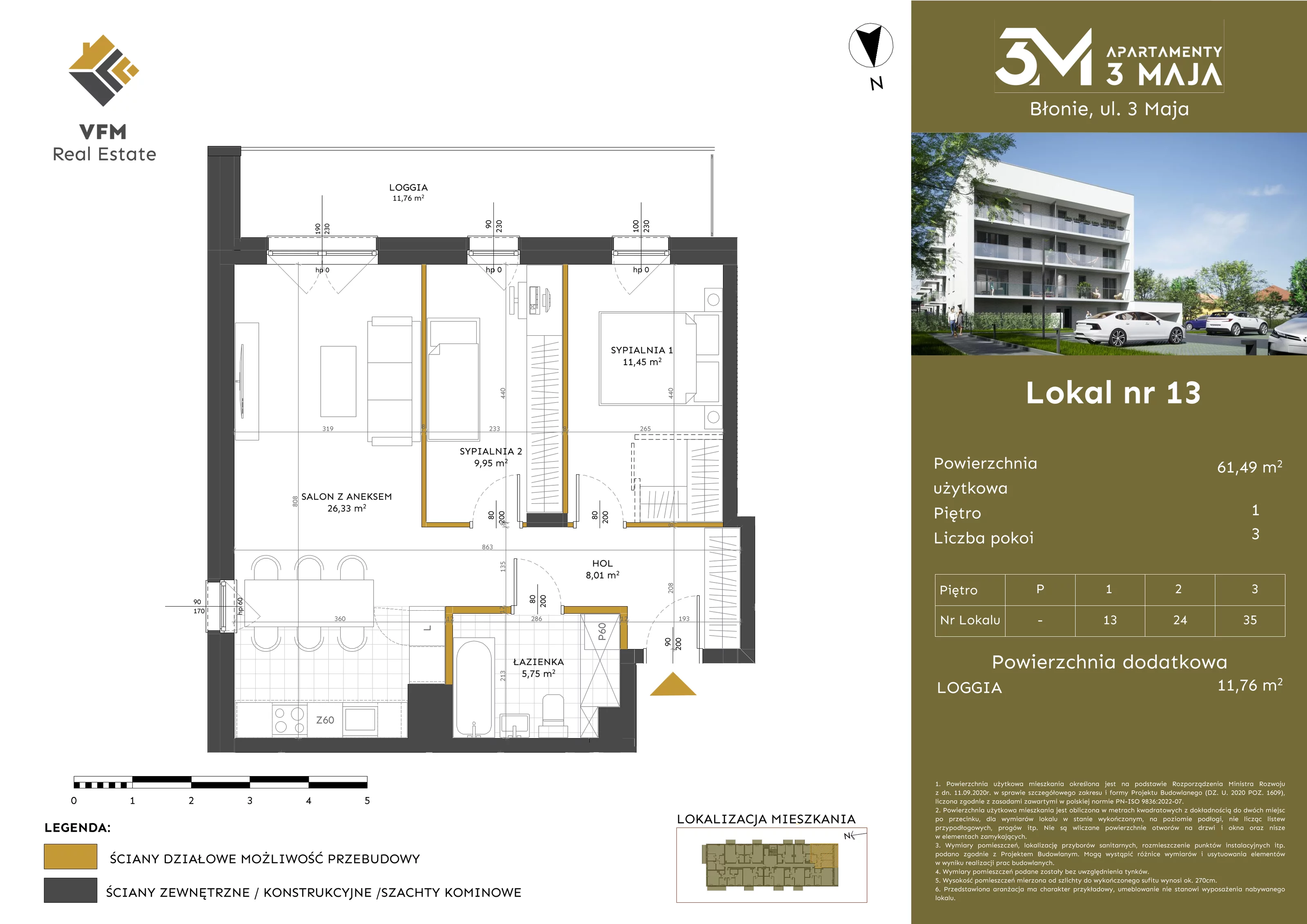 3 pokoje, mieszkanie 61,49 m², piętro 1, oferta nr 13, Apartamenty 3 Maja, Błonie, ul. 3 Maja