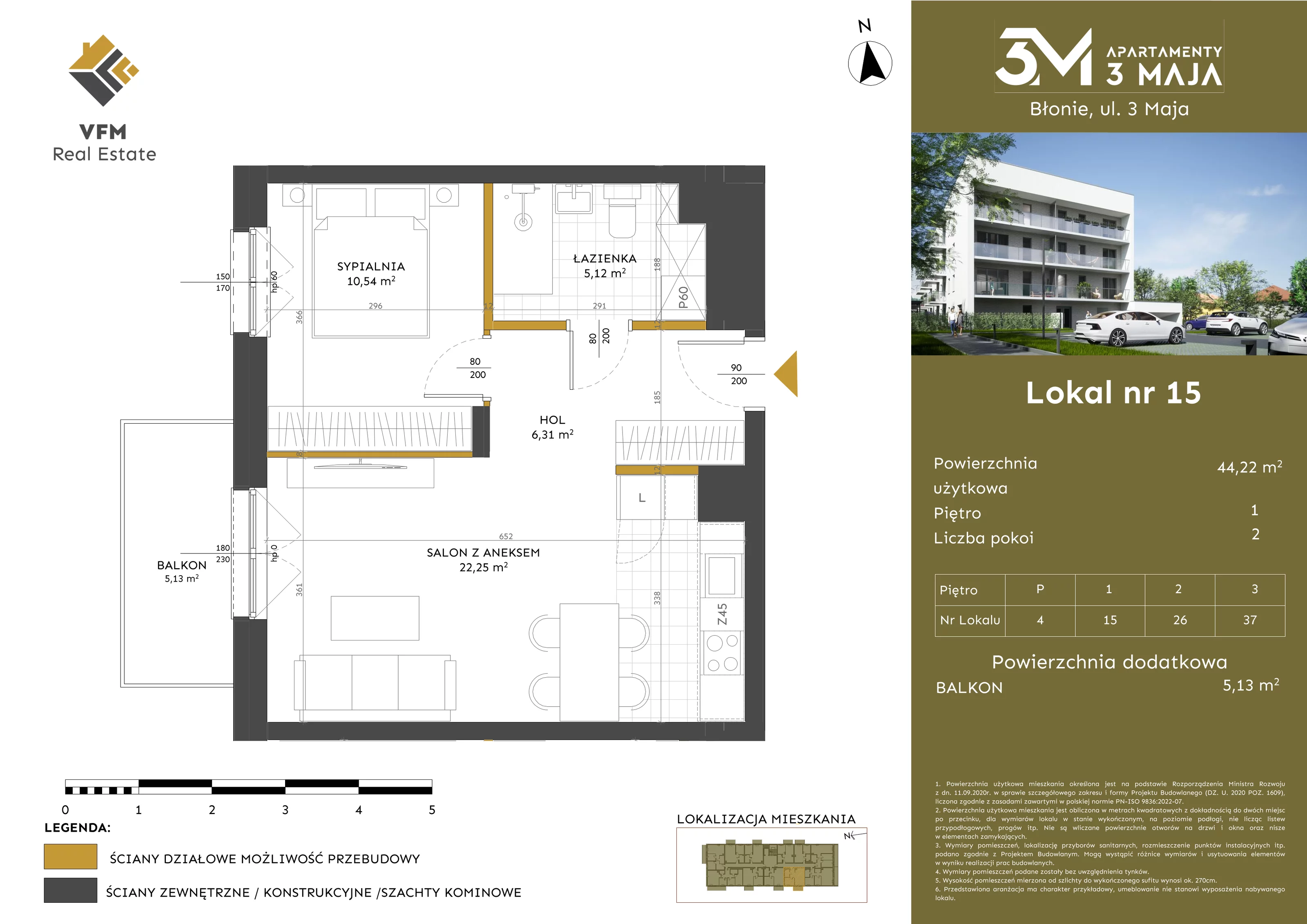 2 pokoje, mieszkanie 44,22 m², piętro 1, oferta nr 15, Apartamenty 3 Maja, Błonie, ul. 3 Maja