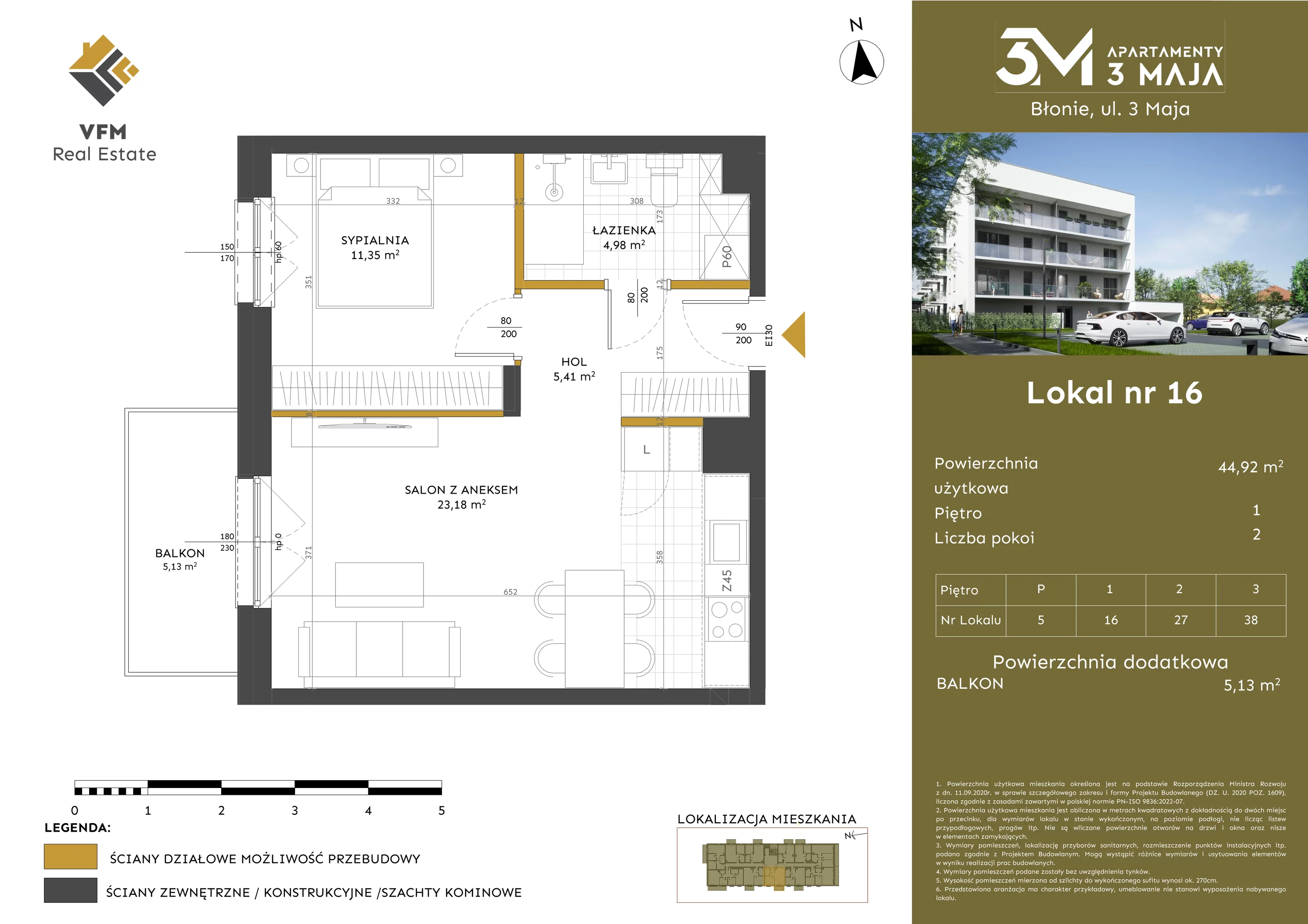 2 pokoje, mieszkanie 44,92 m², piętro 1, oferta nr 16, Apartamenty 3 Maja, Błonie, ul. 3 Maja